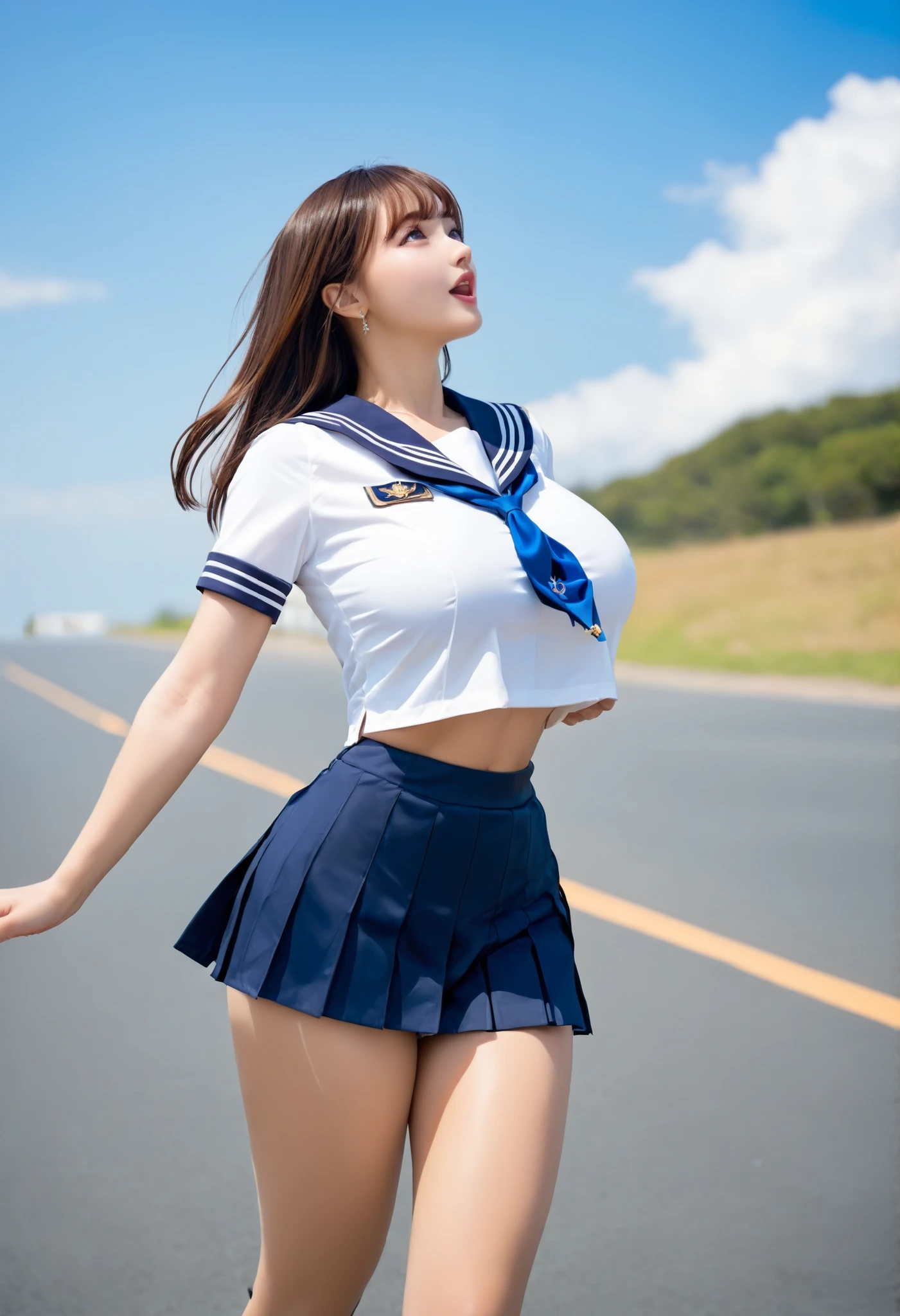 High definition images · image looking up from straight down · image of a cute woman running on the road · image when jumping over the camera · legs with wide open front and back · short-sleeved sailor suit · navy blue super mini pleated skirt ·  · white full lace  shorts · blue sky · sun