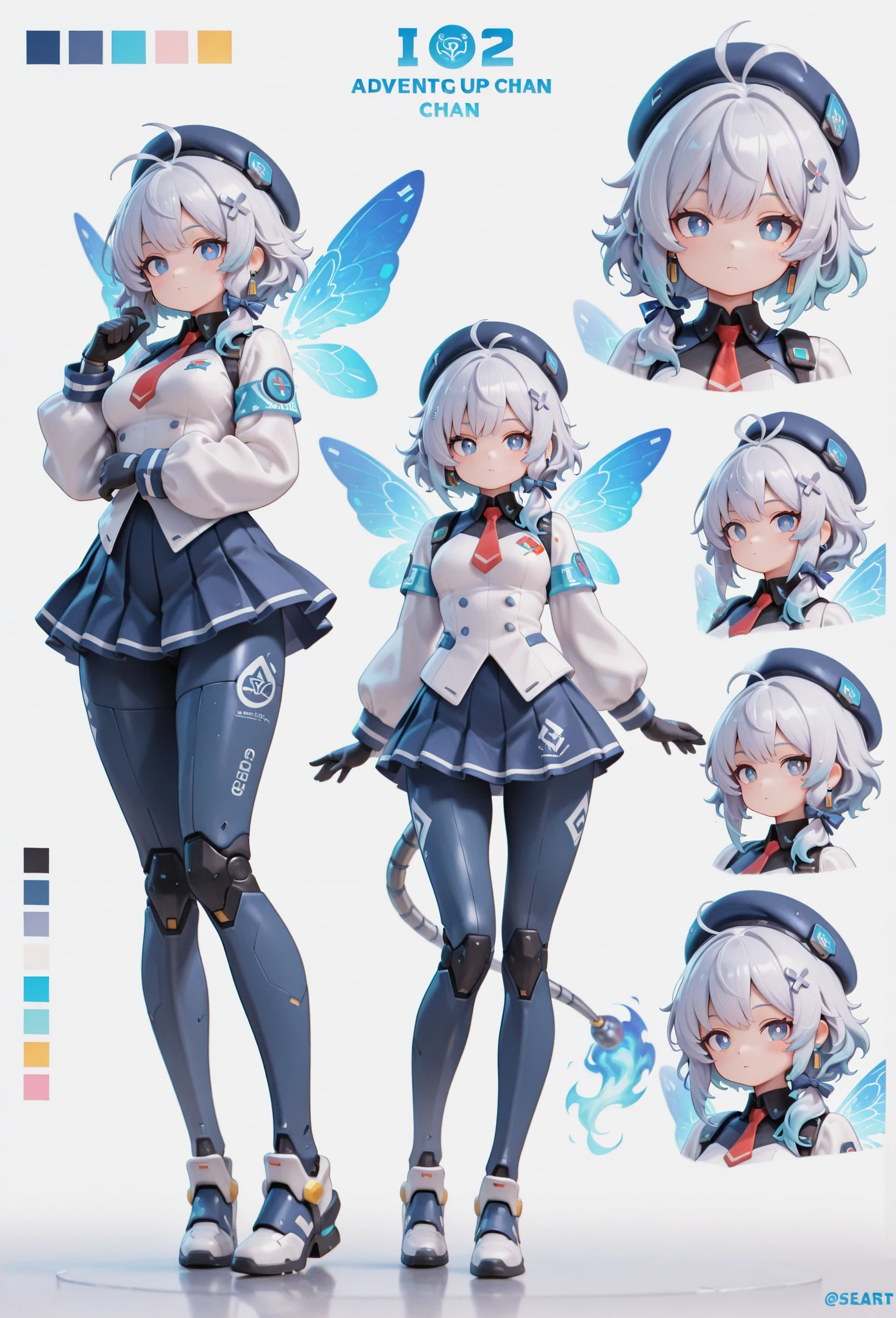 score_9, score_8_up, score_7_up, masterpiece, best quality, perfect facial features, highest resolution, 8k, amazing quality, detailed eyes, clear eyes, dynamic composition, dynamic pose, face clearly visible, close-up of face, low angle, turn your side, view from the side, turn only your face, face close, 1girl, solo, Community Bot-chan, community bot, bot, community, community bot robot, community robot, machine, android, community online, assistant, assistant robot, robot girl, android girl, mechanical girl, mechanical body, exposed mechanical body, mechanical limbs Android limbs, community bot logo, SeaArt logo, SeaArt logo all over the body, tight , iron skin, iron body, hard body, android ear accessories, mechanical earrings, android beret with antenna, mechanical beret, silver hair with blue stripes, silver to blue gradient hair, Blue burning hair, Blue and silver hair, messy hair, fluffy wavy hair, Blue hair accessory, hair ribbon, Blue flaming android tail, Blue flaming android wings, low side ponytail, long sideburns, mechanical eyes, blue eyes, white pupils, slanted eyes, digital-style leotard, black collar, white coat, red tie, miniskirt, pleated skirt, mechanical shoes with antenna, large colorful paintbrush, giant human-sized digital paintbrush, near-future background, science fiction, near-future city, cyberpunk, near-future building, near-future cityscape, Awakening scene, Awakening pose, Dynamic pose, Low-angle, cool pose, 