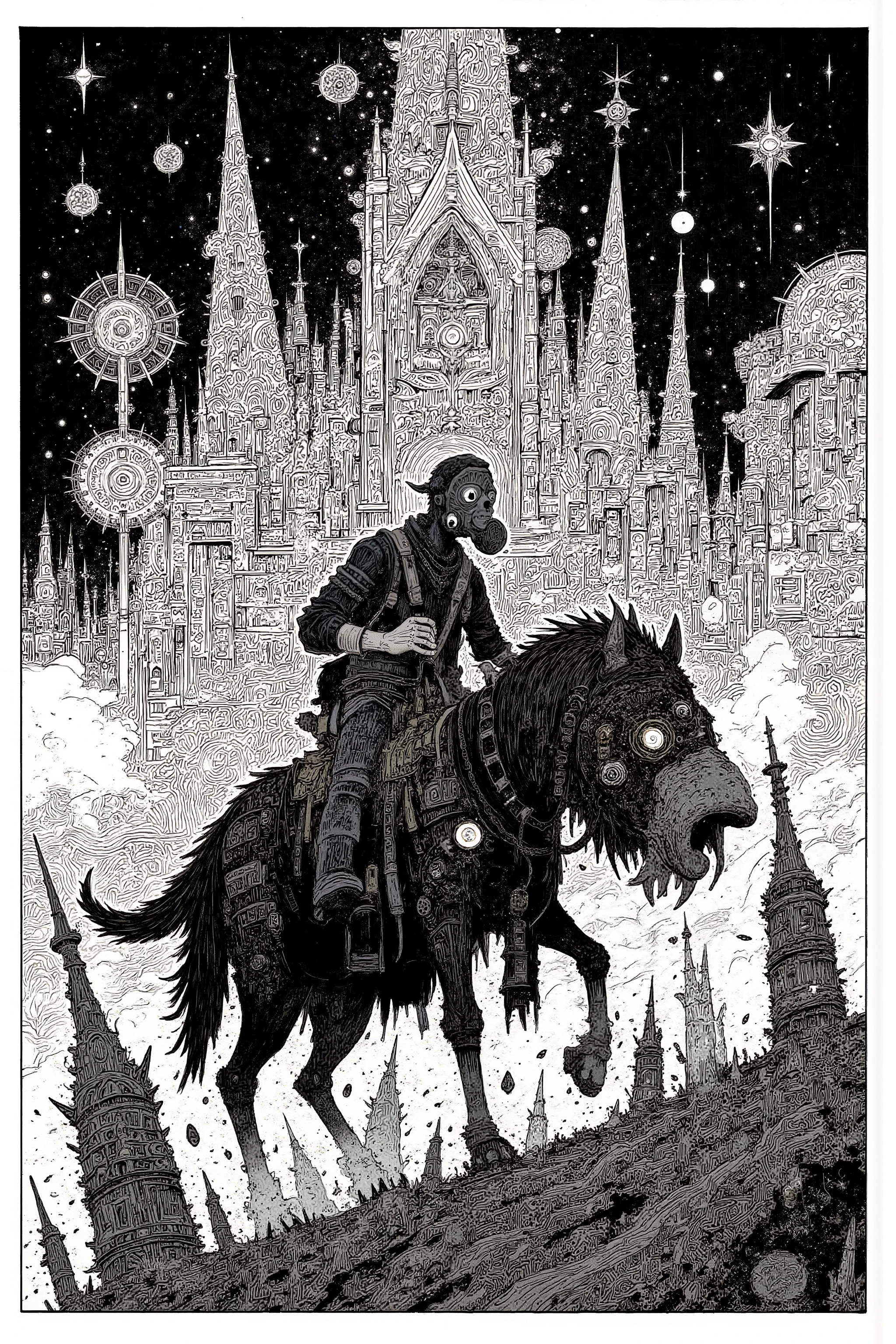 A man wearing a plague mask is riding a strange animal, and other items 々 々, dmt Death of Ego , Exquisite Futuristic Art , DMT Art, DMT Egodes , Dan Mumford and Alex Grey style, psychedelic transart , ultra-detailed fantastic art , epic shamanic DMT Art, Shamanism DMT Horror Art , visionary art style , Stunning High Resolution Art ,Marauders After Death 、Simple, less-colored scheme ,black and white