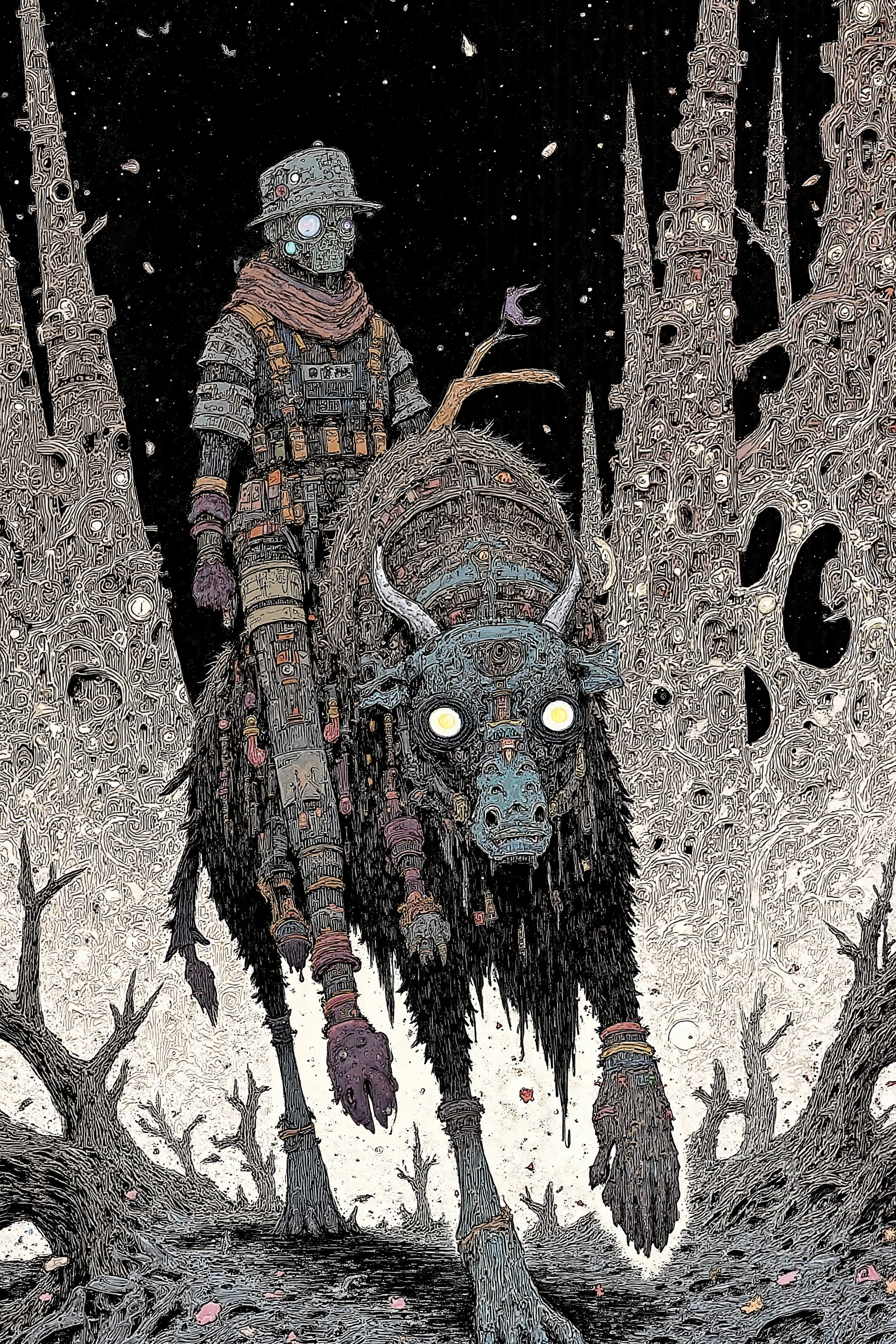 A man wearing a plague mask is riding a strange animal, and other items 々 々, dmt Death of Ego , Exquisite Futuristic Art , DMT Art, DMT Egodes , Dan Mumford and Alex Grey style, psychedelic transart , ultra-detailed fantastic art , epic shamanic DMT Art, Shamanism DMT Horror Art , visionary art style , Stunning High Resolution Art ,Marauders After Death 、Simple, less-colored scheme ,black and white