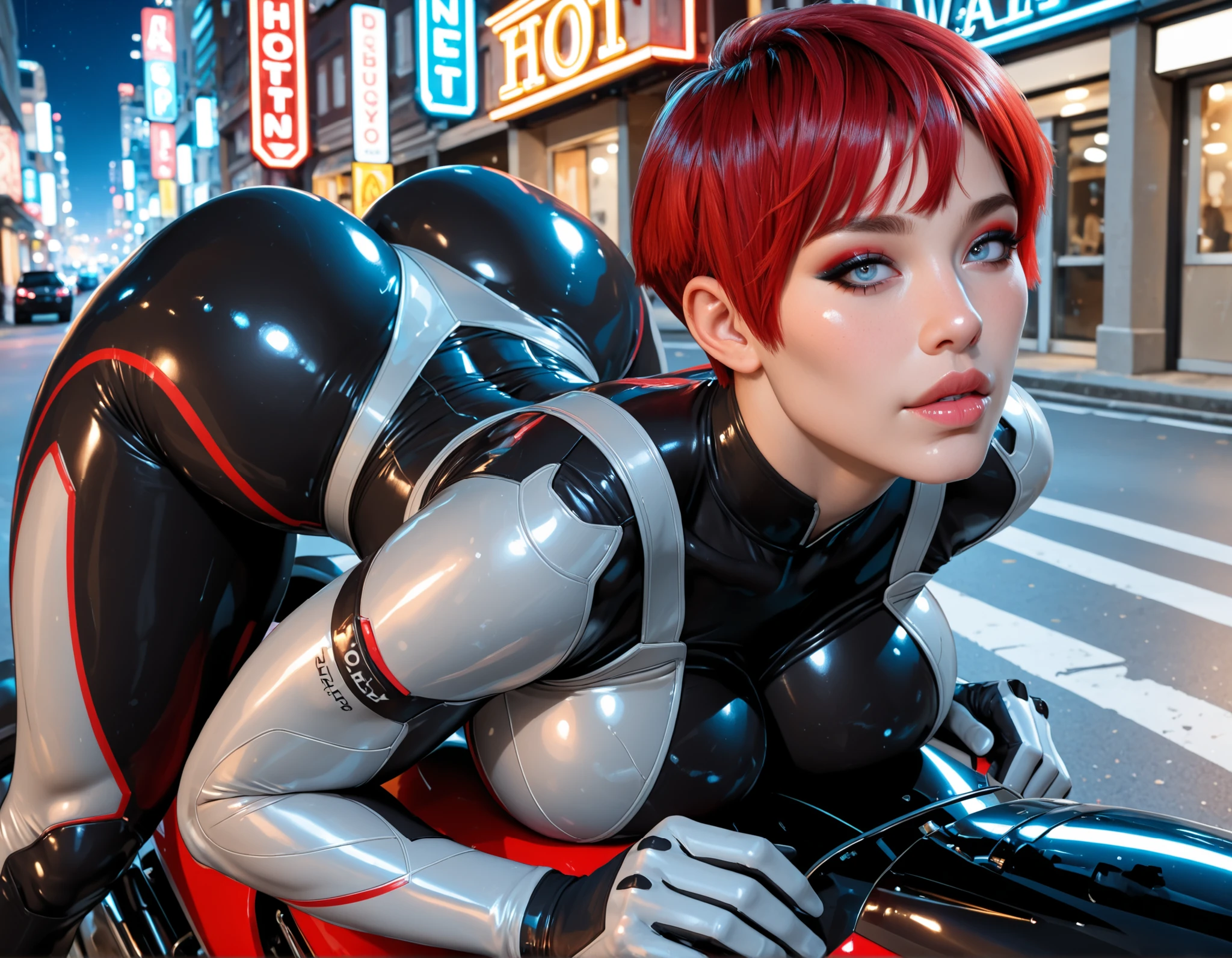 (masterpiece), (portrait),huges breasts (aesthetics), ((tomboy style delicate 18-year-old face)), (((short straight, very short hair)), ((cute red hair)), hair bangs, thin open eyes, blue eyes, big breasts, straight hair, cute, female, woman, lips slightly parted, beautiful, female features, top, high quality, (female ) features), solo, (Korean attractive), (futuristic night), (vibrant light), Futuristic bodysuit armor, futuristic assassin, on a futuristic motorcycle, street, futuristic city, neon signs, from behind, big, perky butt, neon, round bottom, lying down, bending over, ((female tomboy)), (Bold Makeup), (Big Breasts), Fair Skin, (horny and slutty voluptuous woman), (a hot woman, muscular woman, hot fit, voluptuous mature body, super curvy body), (Sleep Neckline), Beautiful Hands, Body beautiful, beautiful ears, beautiful eyes, bright eyes, beautiful mouth, beautiful lips, needy expression, hot and thick thighs