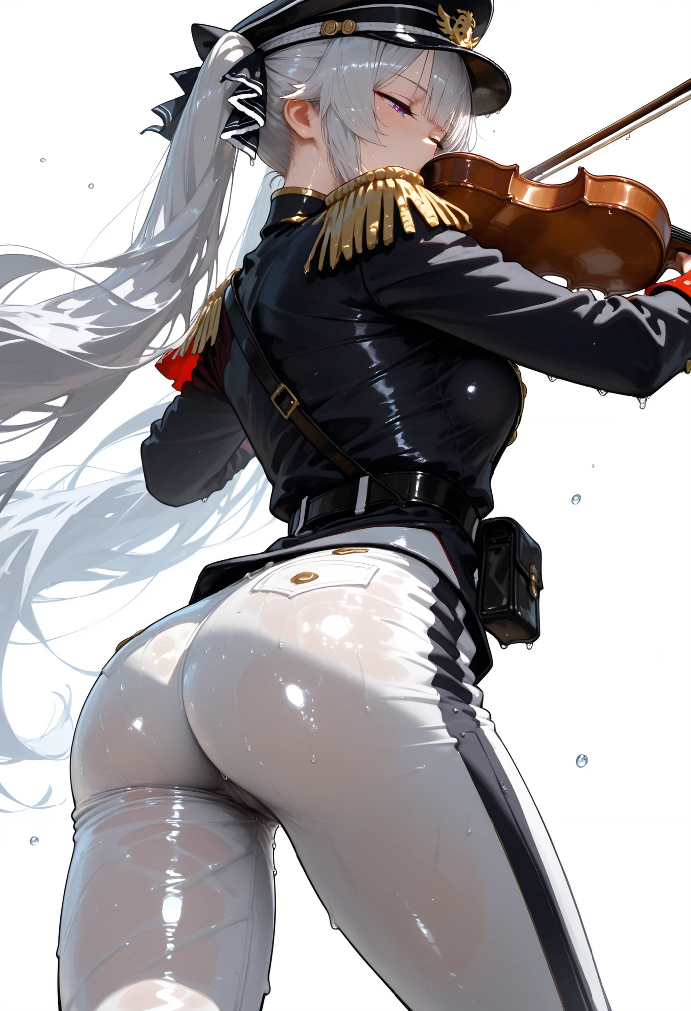 masterpiece,top quality,very beautiful,highs,absurds,1girl,matu female,glossy skin,Wet,æ¥ç®,has,d eyes,solo,uniform,Military uniform,long hair,playing æ¥ç®,Military,music,Violin,Shaco cap,holding æ¥ç®, BELOW PANTS,holding,white background,gray hair,epaulette,simple background,high neck,white BELOW PANTS,belt,belt bag,black coat,black dss,black has,Altair_(:cators),bow_(music),Hair,hair ribbon,half closed eyes,holding Violin, lion's head_(Ornament),view object,d ribbon,Shaco cap,side lock,twin tails,very long hair,floating hair,
