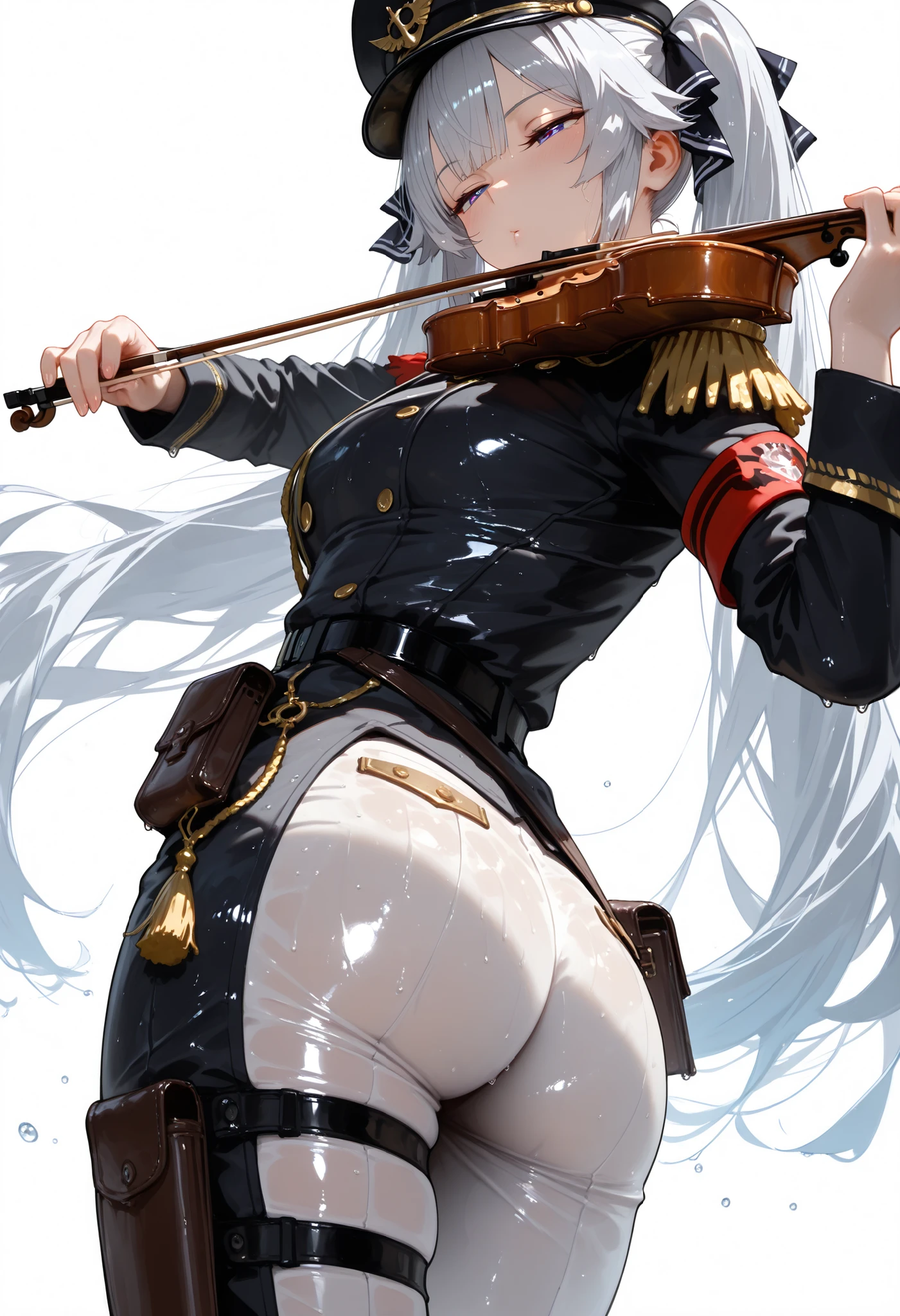 masterpiece,top quality,very beautiful,highs,absurds,1girl,matu female,glossy skin,Wet,æ¥ç®,has,d eyes,solo,uniform,Military uniform,long hair,playing æ¥ç®,Military,music,Violin,Shaco cap,holding æ¥ç®, BELOW PANTS,holding,white background,gray hair,epaulette,simple background,high neck,white BELOW PANTS,belt,belt bag,black coat,black dss,black has,Altair_(:cators),bow_(music),Hair,hair ribbon,half closed eyes,holding Violin, lion's head_(Ornament),view object,d ribbon,Shaco cap,side lock,twin tails,very long hair,floating hair,