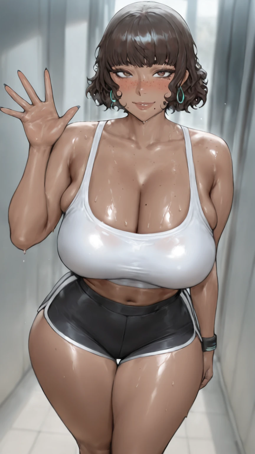 1girl, solo, breasts, looking at viewer, smile, short hair, large breasts, simple background, white background, thighs, sweat, horns, pointy ears, armpits, arms up, muscular, colored skin, fangs, thick thighs, tank top, oni horns, plump, oni, muscular female, belly, skin-covered horns, thick arms