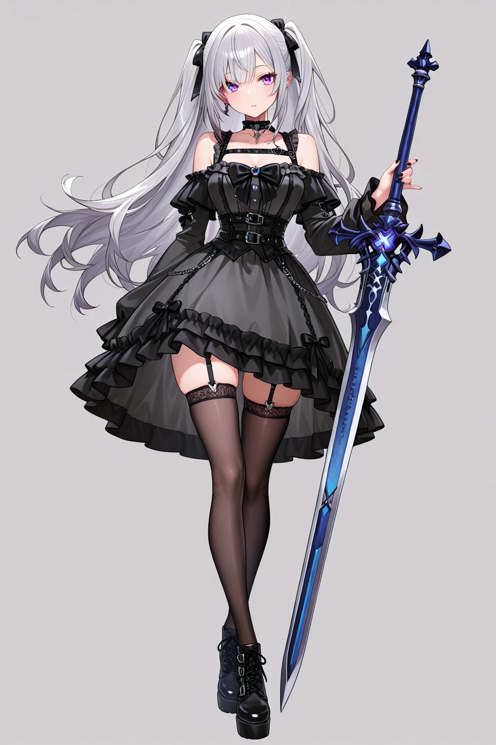<lora:Nier_YorhaA2-PONY:0.8> 1girl, solo, white background, niera2rein, white hair, long hair, hair between the eyes, black dress, see-through, black gloves, black , toeless footwear, full body, greatsword, score_9, score_8_up, score_7_up, score_6_up,