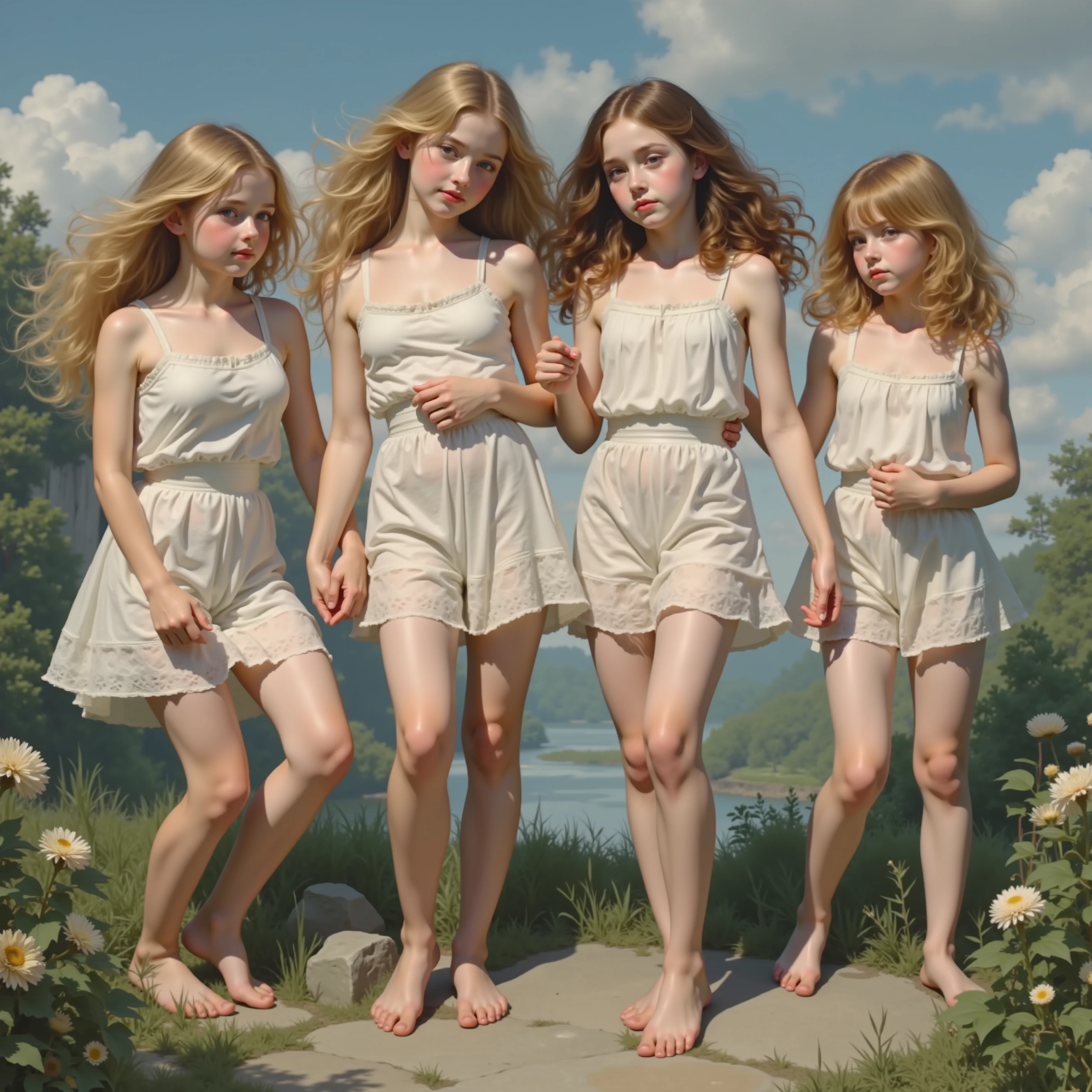 William Adolphe Bouguereau style, Extremely Detailed Barefoot Girly Teenagers with curly golden hair smiling gently, Clear white skin and big blue eyes, Panoramic, Leggy full body, hug yourself tightly,
