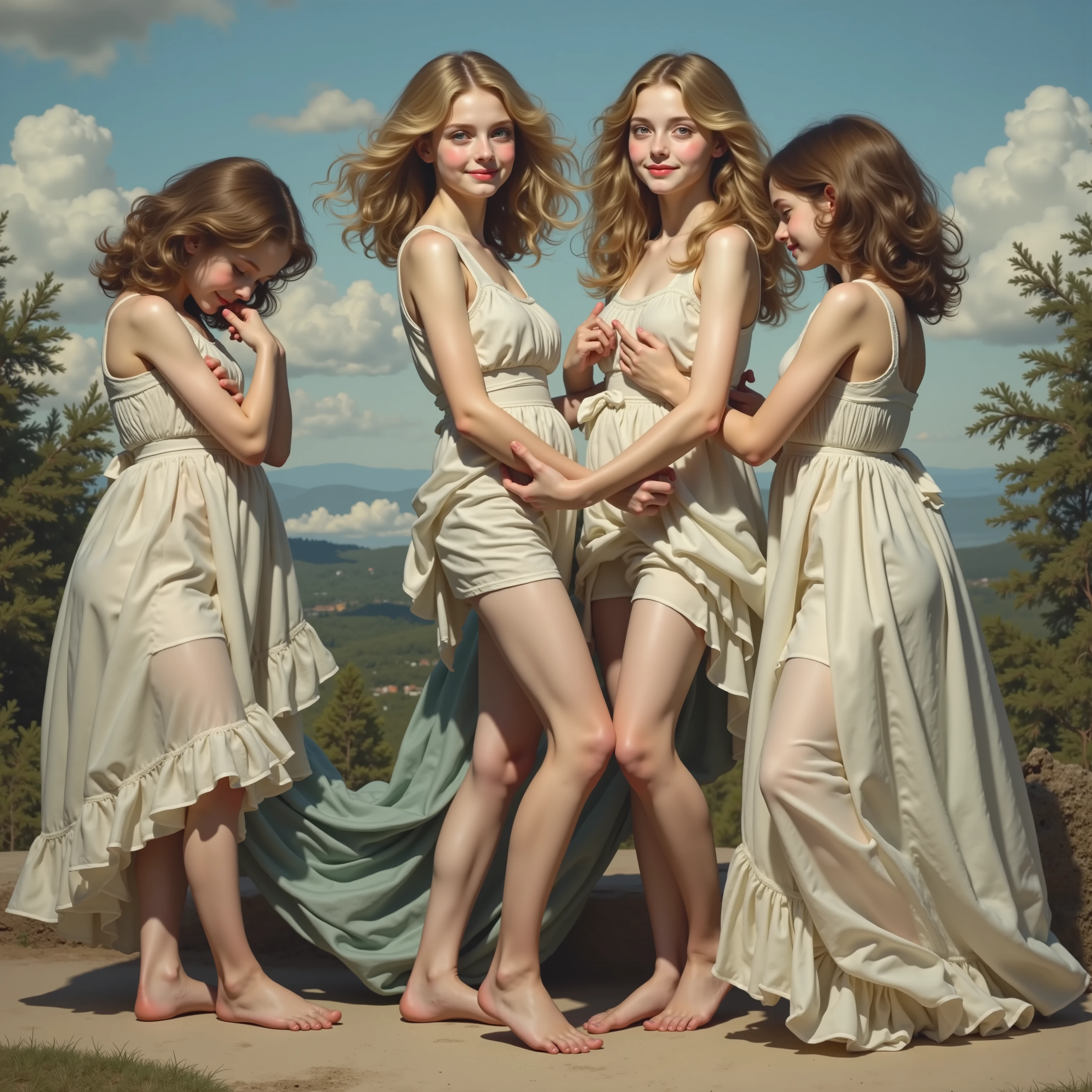 William Adolphe Bouguereau style, Extremely Detailed Barefoot Girly Teenagers with curly golden hair smiling gently, Clear white skin and big blue eyes, Panoramic, Leggy full body, Embrace yourself tightly,