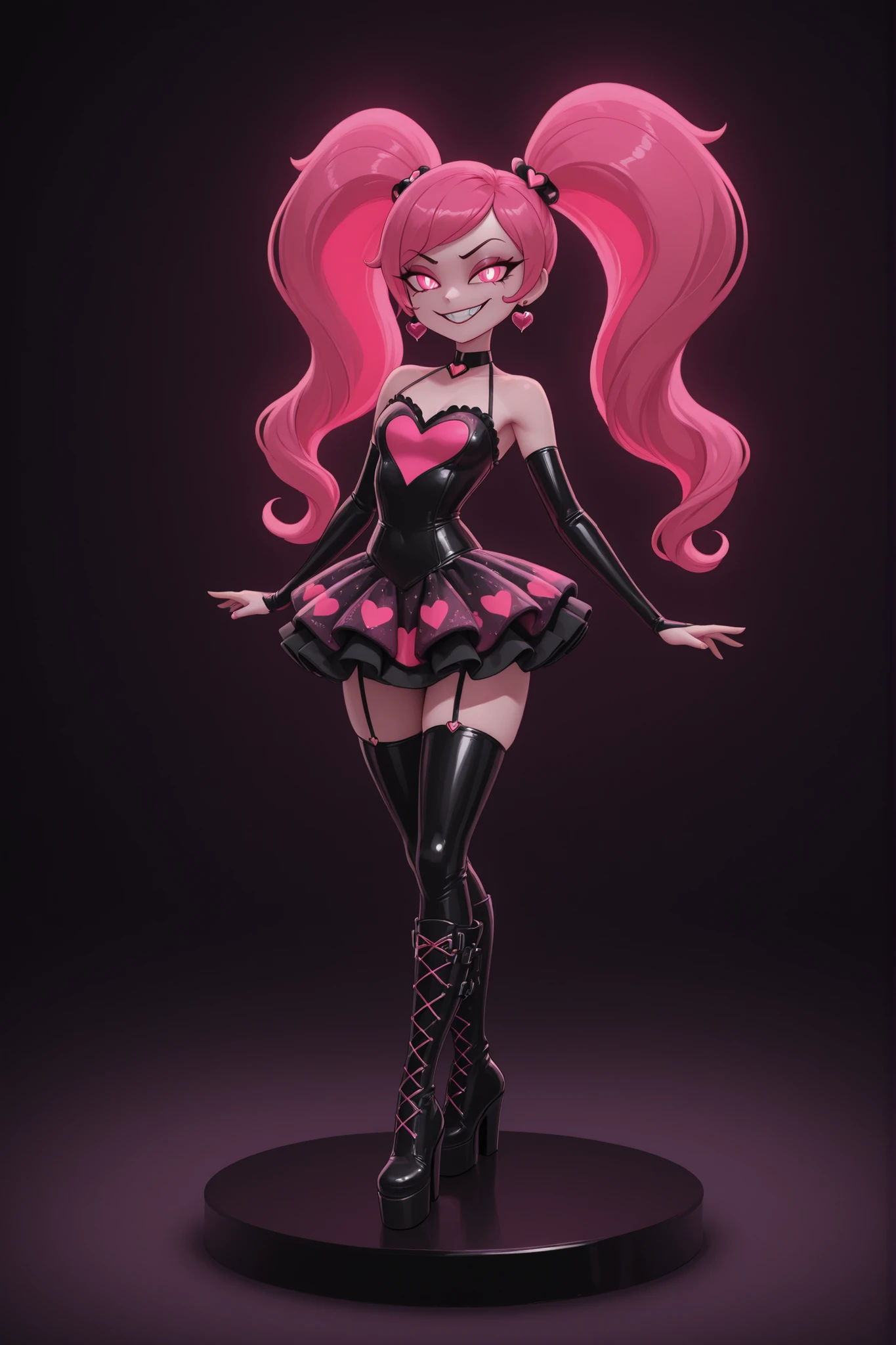 photography, ultra highres, RAW photo, razor-thin angular girl with extreme flexibility in unusual pose, poisonous pink and black color palette creating visual tension, porcelain doll face with perfectly symmetrical features twisted into subtle condescending smile, oversized glowing red-pink eyes with unnatural brightness, straight neon pink hair reaching waist with sections defying gravity as if electrostatically charged, prominent heart motifs decorating her outfit and jewelry, mini dress balancing kawaii elements with aggressive fashion-forward design, elaborate sequined patterns catching studio lights, massive platform boots creating intimidating silhouette, luxurious velvet accents suggesting expensive taste, staged against dark background with pink neon lighting accentuating her otherworldly appearance, fashion photography style with sharp focus on unsettling details