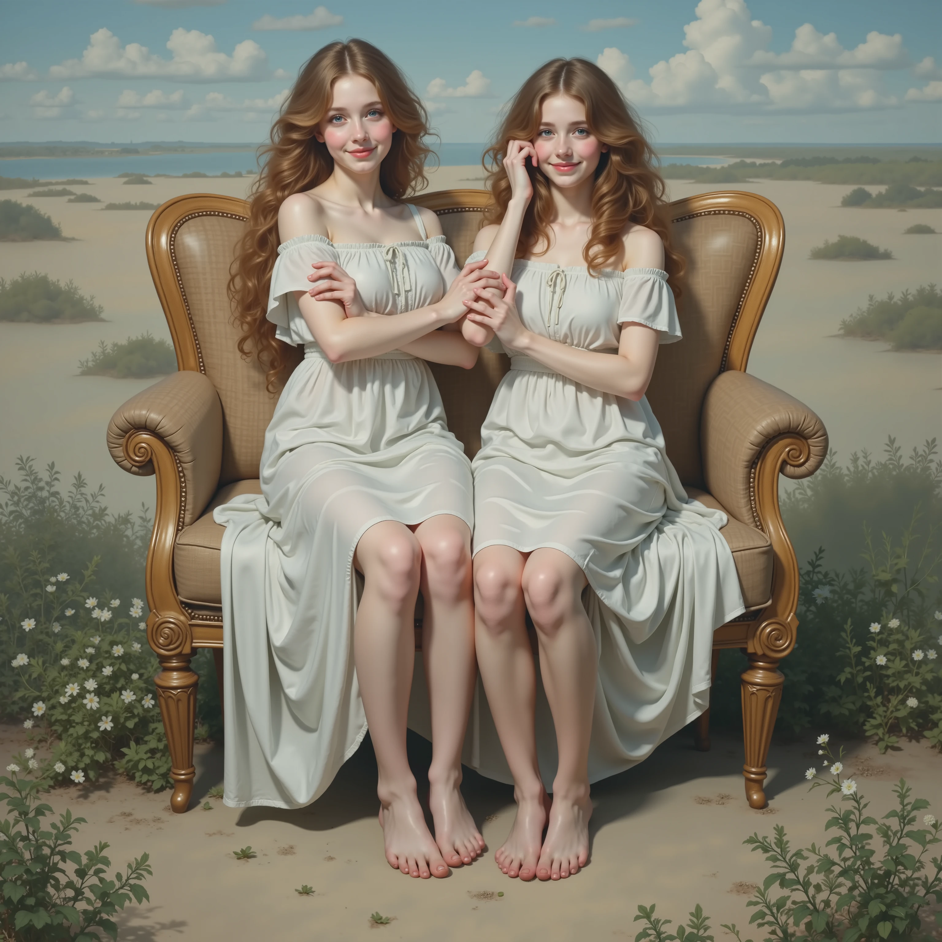 William Adolphe Bouguereau style, Extremely Detailed Barefoot Girly Teenagers with curly golden hair smiling gently, Clear white skin and big blue eyes, Panoramic, Leggy full body, Holding tight self body,