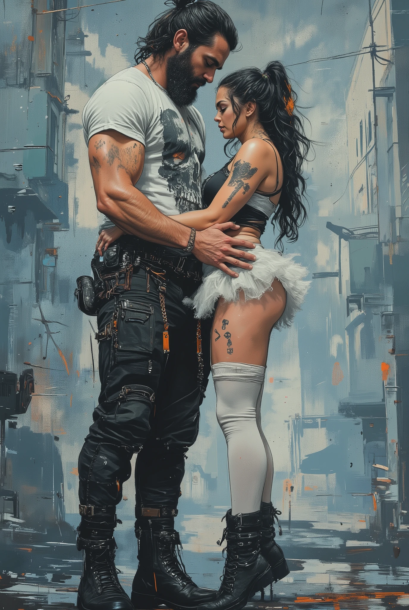 The king passionately hugs his queen. The digital illustration shows a muscular male king with long, loose black hair combed back and decorated with orange strands. He has a full beard. He is wearing a white T-shirt with a graphic design of a black skull, black trousers with lots of straps and buckles, and black high-top boots.In the king's arms is his queen. She's wearing a white tutu white pantyhose and platform boots. She is wellshaped, perfect body woman, smaller than man. She stands on her fingertips, holding onto the king's shoulder. She has stage makeup and a artistic hairstyle with two ponnytails. The background is a mix of abstract and urban elements, with a cool color palette dominated by shades of blue and gray. The overall style of the game is very detailed and dynamic, with an emphasis on strong and confident character behavior. Surreal digital graphics.