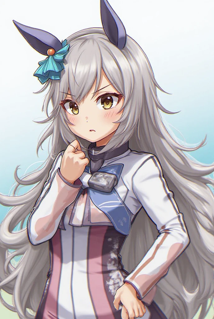 1girl, anime girl, silver hair, long twintails, silver eyes, white background, closed mouth small smile, grinning eyes