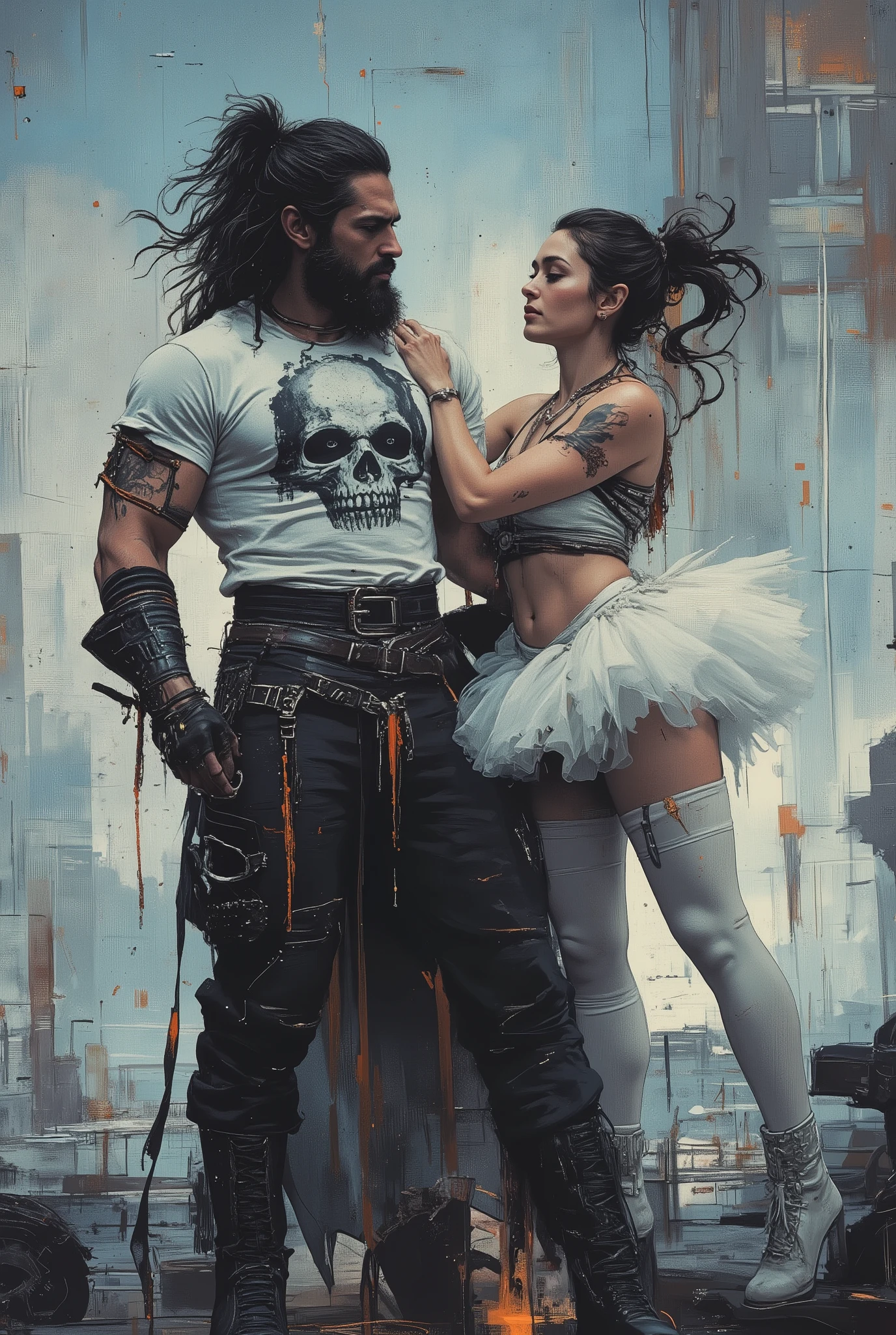 The king passionately hugs his queen. The digital illustration shows a muscular male king with long, loose black hair combed back and decorated with orange strands. He has a full beard. He is wearing a white T-shirt with a graphic design of a black skull, black trousers with lots of straps and buckles, and black high-top boots.In the king's arms is his queen. She's wearing a white tutu white pantyhose and platform boots. She is wellshaped, perfect body woman, smaller than man. She stands on her fingertips, holding onto the king's shoulder. She has stage makeup and a artistic hairstyle with two ponnytails. The background is a mix of abstract and urban elements, with a cool color palette dominated by shades of blue and gray. The overall style of the game is very detailed and dynamic, with an emphasis on strong and confident character behavior. Surreal digital graphics.