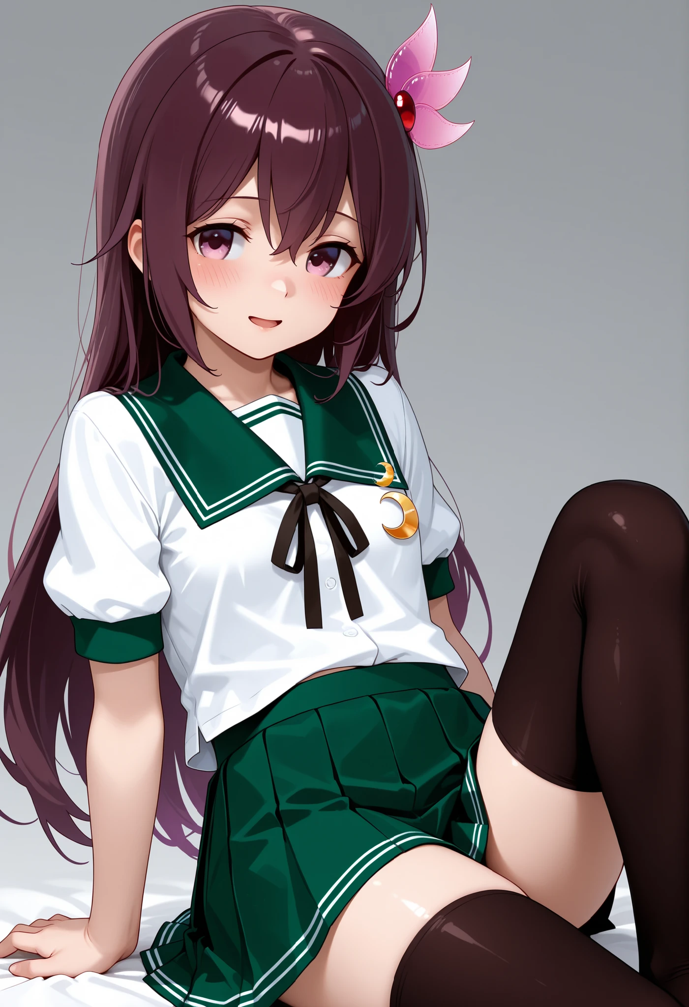 Kisaragi \(kancolle\),Kisaragi \(kancolle\), white shirt, green sailor collar, short sleeves, pleated green skirt, hair ornament, black ribbon, black thighhighs, crescent pin