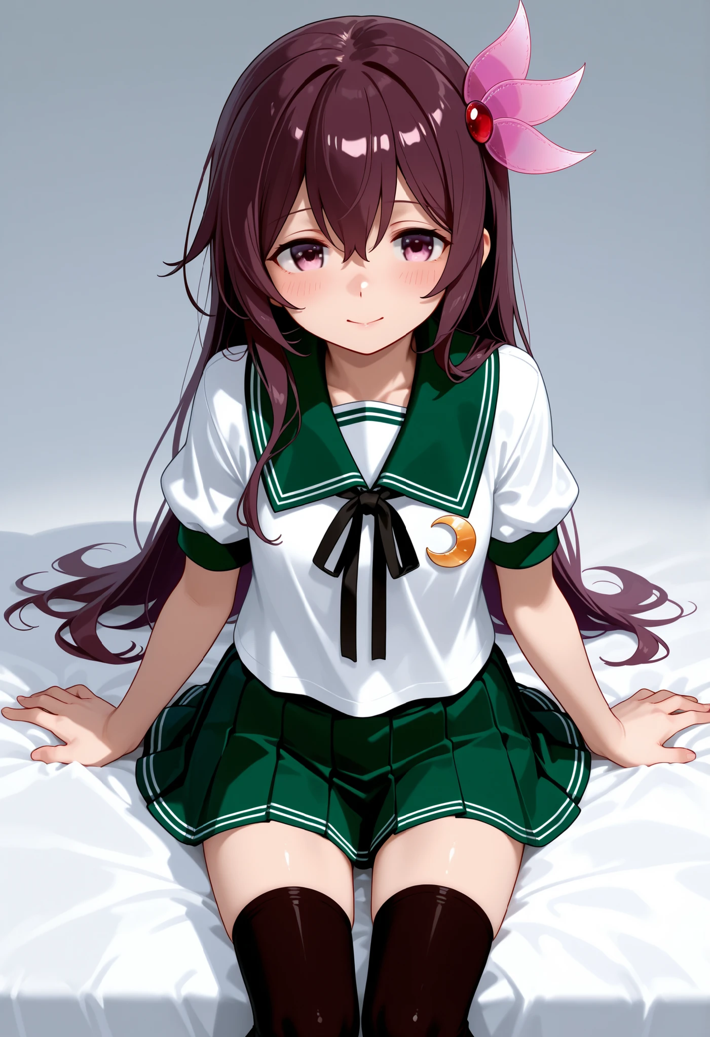 Kisaragi \(kancolle\),Kisaragi \(kancolle\), white shirt, green sailor collar, short sleeves, pleated green skirt, hair ornament, black ribbon, black thighhighs, crescent pin