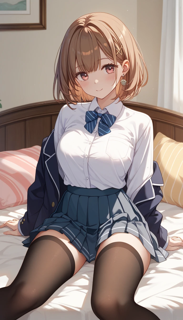 masterpiece, best quality, (one boy and one girl are :1.2), home, on bed, high school student, (plump:1.2), short height, medium length hair, (ahoge:1.0), (brown hair:1.2), brown eyes, hairs between eyes, collared shirt, blazer, pleated skirt, , bow, black thighhighs, (saliva:1.4), (:1.5), (sweat:1.2),