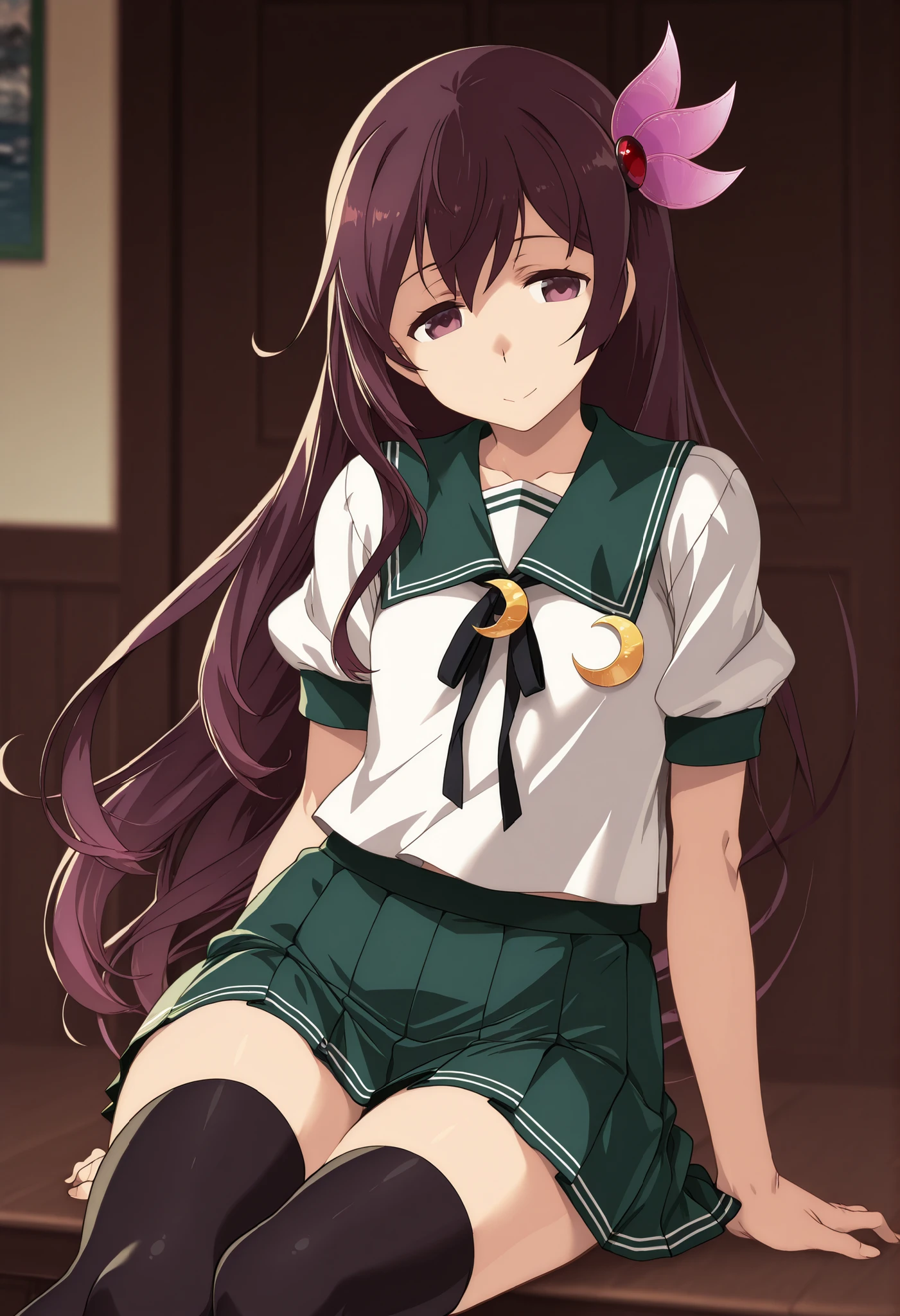 Kisaragi \(kancolle\),, (kantai collection), score_9, score_8_up, score_7_up, source_anime, top quality, , Official Art, viewers, masterpiece, ultra-HD, high detail, depth of field, top quality, 8k, top quality, ergonomic,Official Art, 1 Girl,solo, anime keyvisual, slender, Sessyu Style,  white shirt, green sailor collar, short sleeves, pleated green skirt, hair ornament, black ribbon, black thighhighs, crescent pin