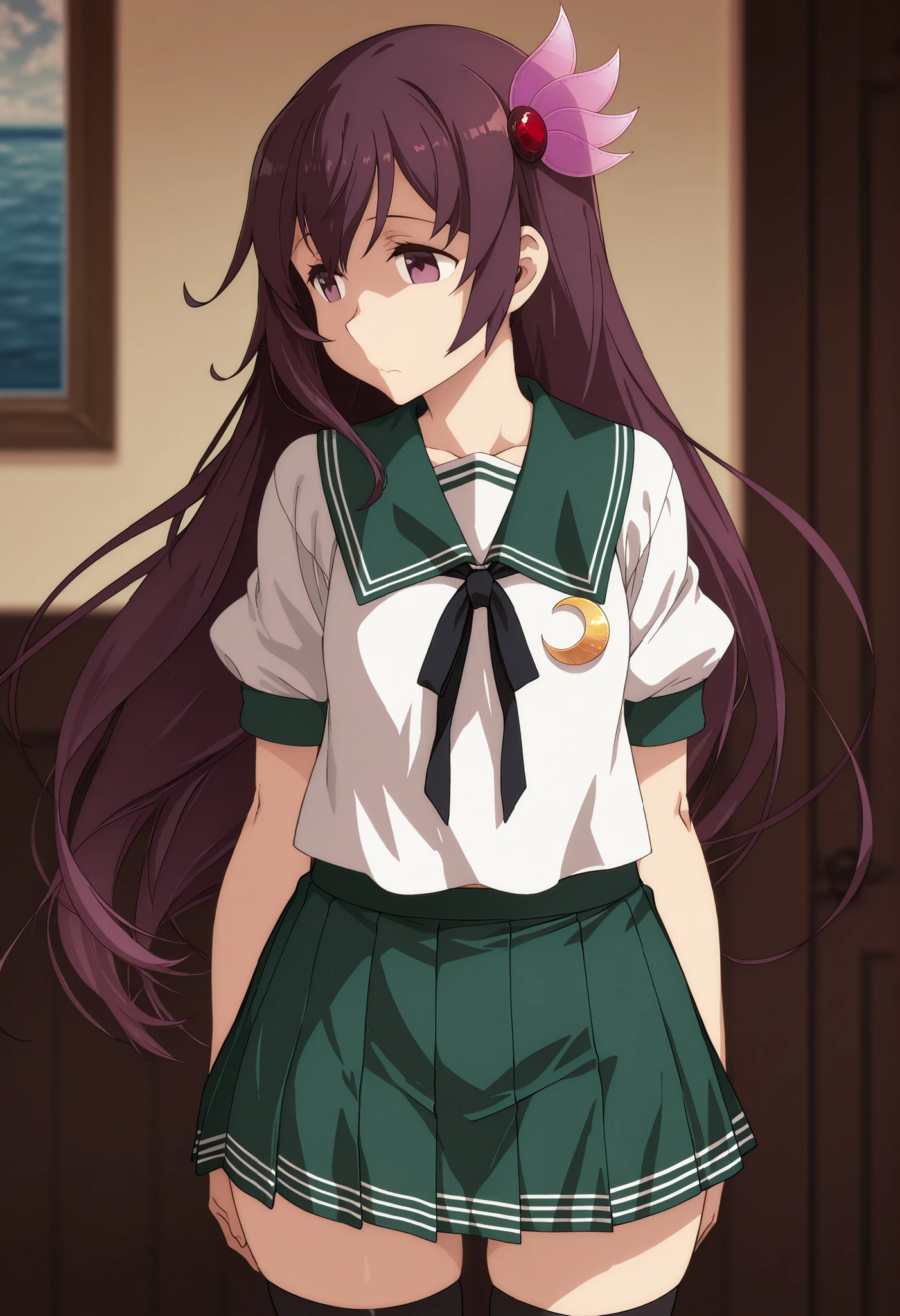 Kisaragi \(kancolle\),, (kantai collection), score_9, score_8_up, score_7_up, source_anime, top quality, , Official Art, viewers, masterpiece, ultra-HD, high detail, depth of field, top quality, 8k, top quality, ergonomic,Official Art, 1 Girl,solo, anime keyvisual, slender, Sessyu Style,  white shirt, green sailor collar, short sleeves, pleated green skirt, hair ornament, black ribbon, black thighhighs, crescent pin