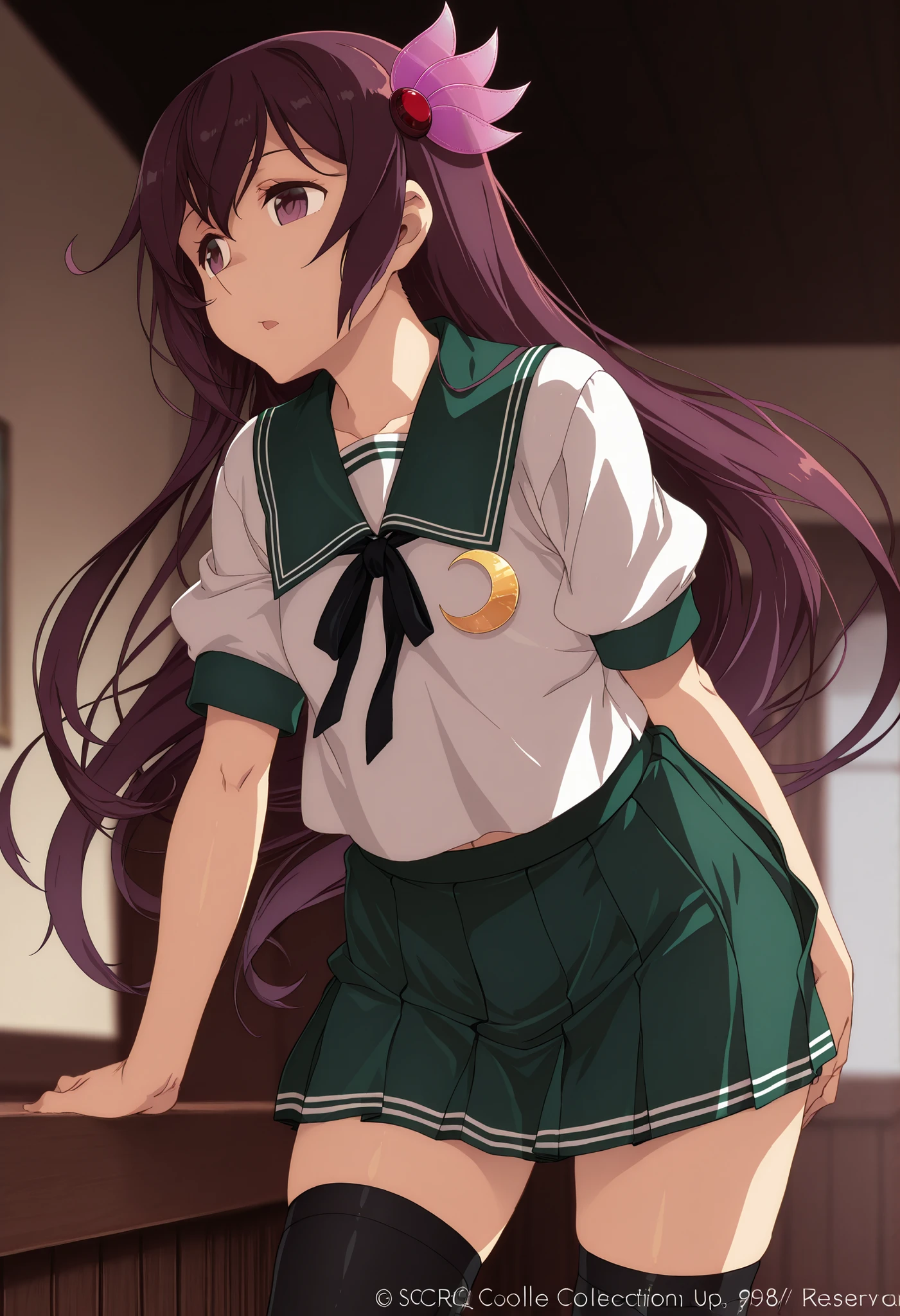 Kisaragi \(kancolle\),, (kantai collection), score_9, score_8_up, score_7_up, source_anime, top quality, , Official Art, viewers, masterpiece, ultra-HD, high detail, depth of field, top quality, 8k, top quality, ergonomic,Official Art, 1 Girl,solo, anime keyvisual, slender, Sessyu Style,  white shirt, green sailor collar, short sleeves, pleated green skirt, hair ornament, black ribbon, black thighhighs, crescent pin