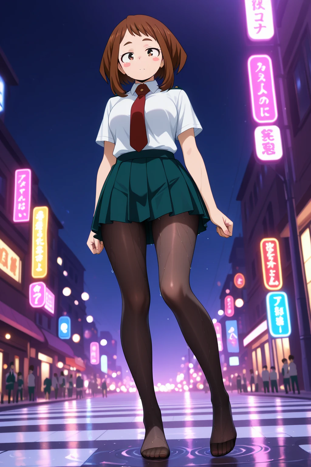 Highest quality, 1girl, solo, large breasts, wide hips, thick thighs, black skirt, green cardigan, white blouse, standing, black hair, black eyes, bangs, long boots, tall