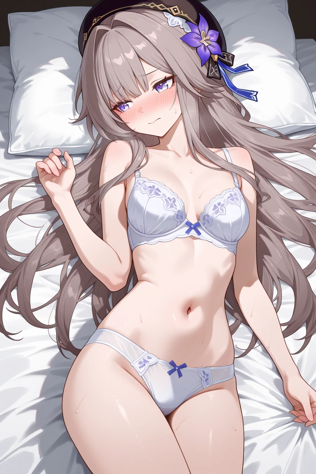 best quality, masterpiece, highres, illustration, 1_girl_solo, {kamisato_ayaka_genshin:1.15}, , bangs, blue_eyes, long_hair, blunt_bangs, ribbon, hair_ribbon, ponytail, sidelocks, blue_hair, mole, mole_under_eye, {blush}, hair_ornament, , white_hair, 1girl, lying_on_bed, looking_at_viewer, tress_ribbon, {one piece swimsuit}, {school swimsuit}, sleeveless, {black_long_gloves}, symple backgrounds, open mouth, tongue out