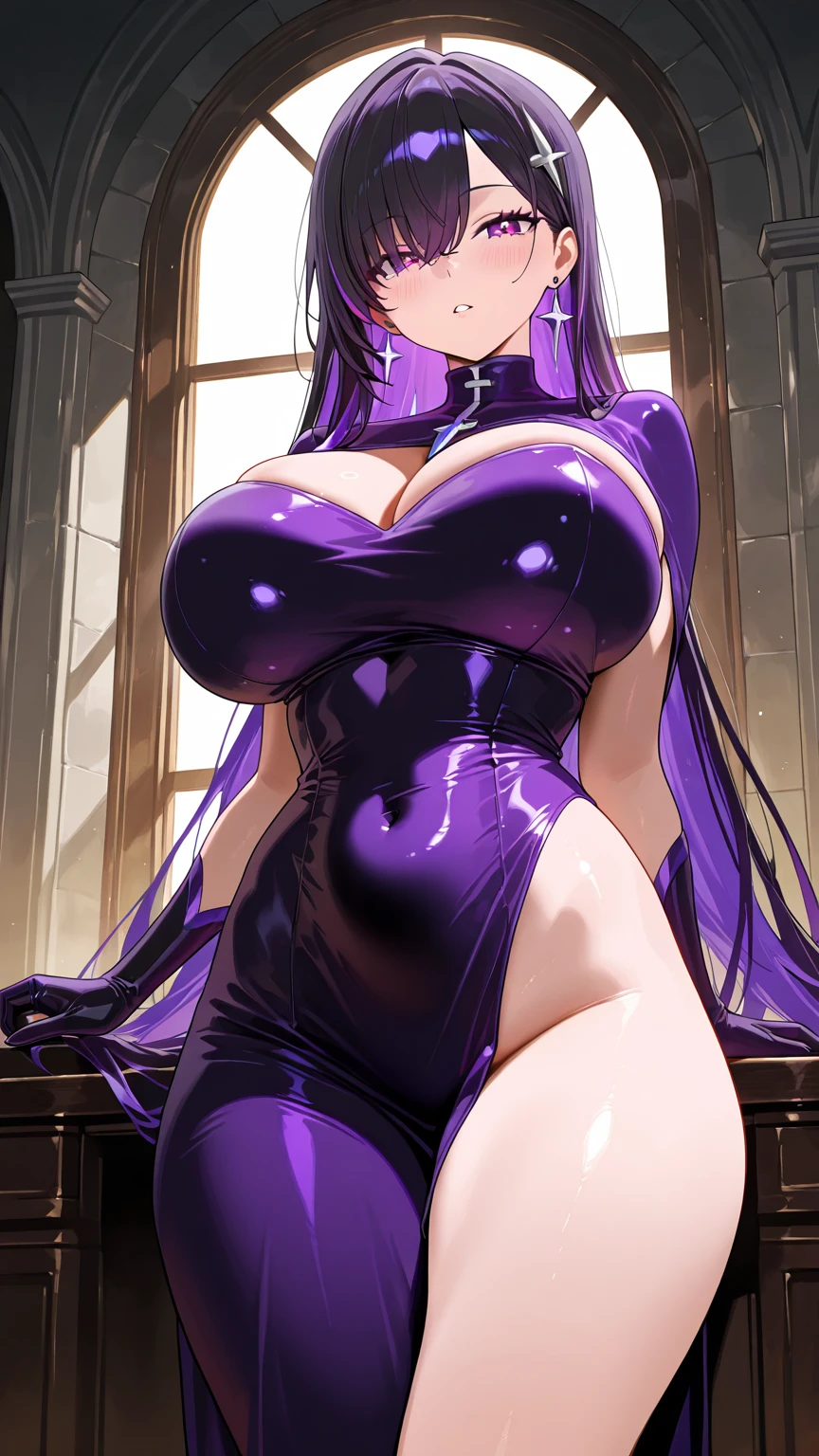 Big Breasts、Purple hair long、Glasses、Shiny purple sequin dress、Pink love hotel with dim lights、Wicked Smile、Lightly open your mouth、Evil female executive、adult、Married Woman、slouch
