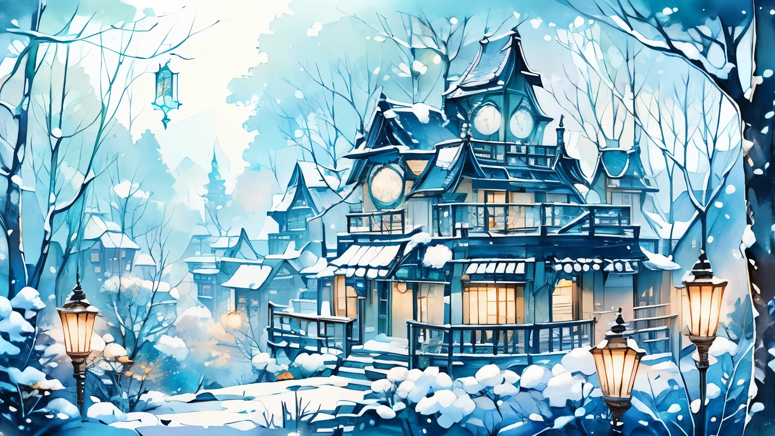 Snow Scenery 、blue lamp 、fantasy、Fantasy Street、Western style building 、In the woods
