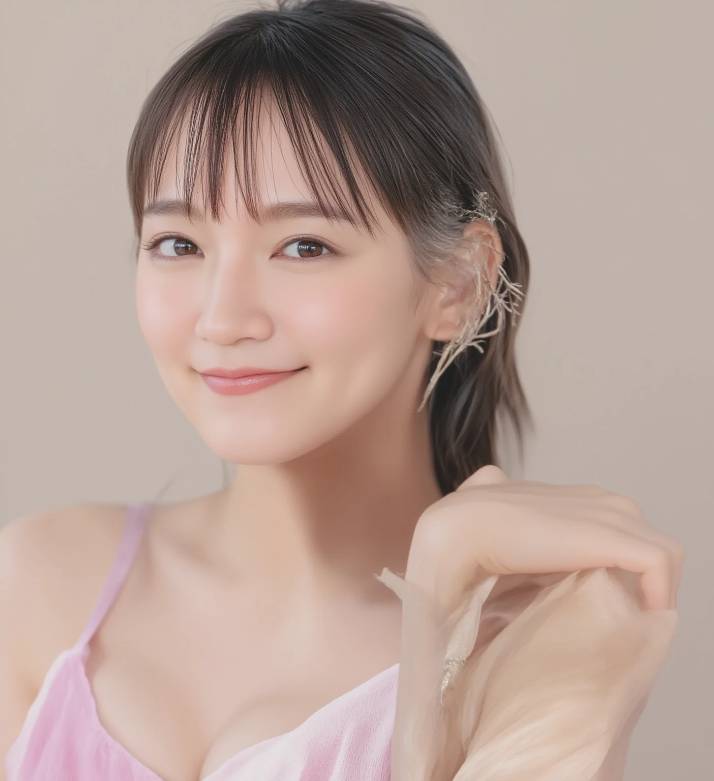 1 Girl,Beautifully detailed face:1.3、(Cowboy shot:1.8)、((no hat:1.3)),((The face is in the center of the frame:1.7))、((Hide your chest and crotch with your hands:1.6))、((The upper thighs fit into the frame:1.7))、(( Girls:1.7))、((A  woman wearing a giant ribbon hair ornament:1.6))、 ((very small flat chest:1.7))、(:1.7), ((Facing forward:1.6))、Pink Eyeshadow:1.6、((Looking into the camera:1.3))、Very beautiful Japanese idol portraits, 
(RAW Photos, Highest quality), (Realistic, Realistic:1.4), (masterpiece), 
Very delicate and beautiful, Very detailed, 2k wallpaper, wonderful, finely, Very detailed CG Unity 8K 壁紙, Very detailed, High resolution, Soft Light, 
Beautiful detailed girl, Very detailed目と顔, Beautiful and sophisticated nose, Big beautiful eyes, Cinema Lighting, 
(Simple and solid background:1.3),
(Blonde medium hair:1.5), (Parted bangs), 
Complete , Slender body,Very small breasts, Sensual look