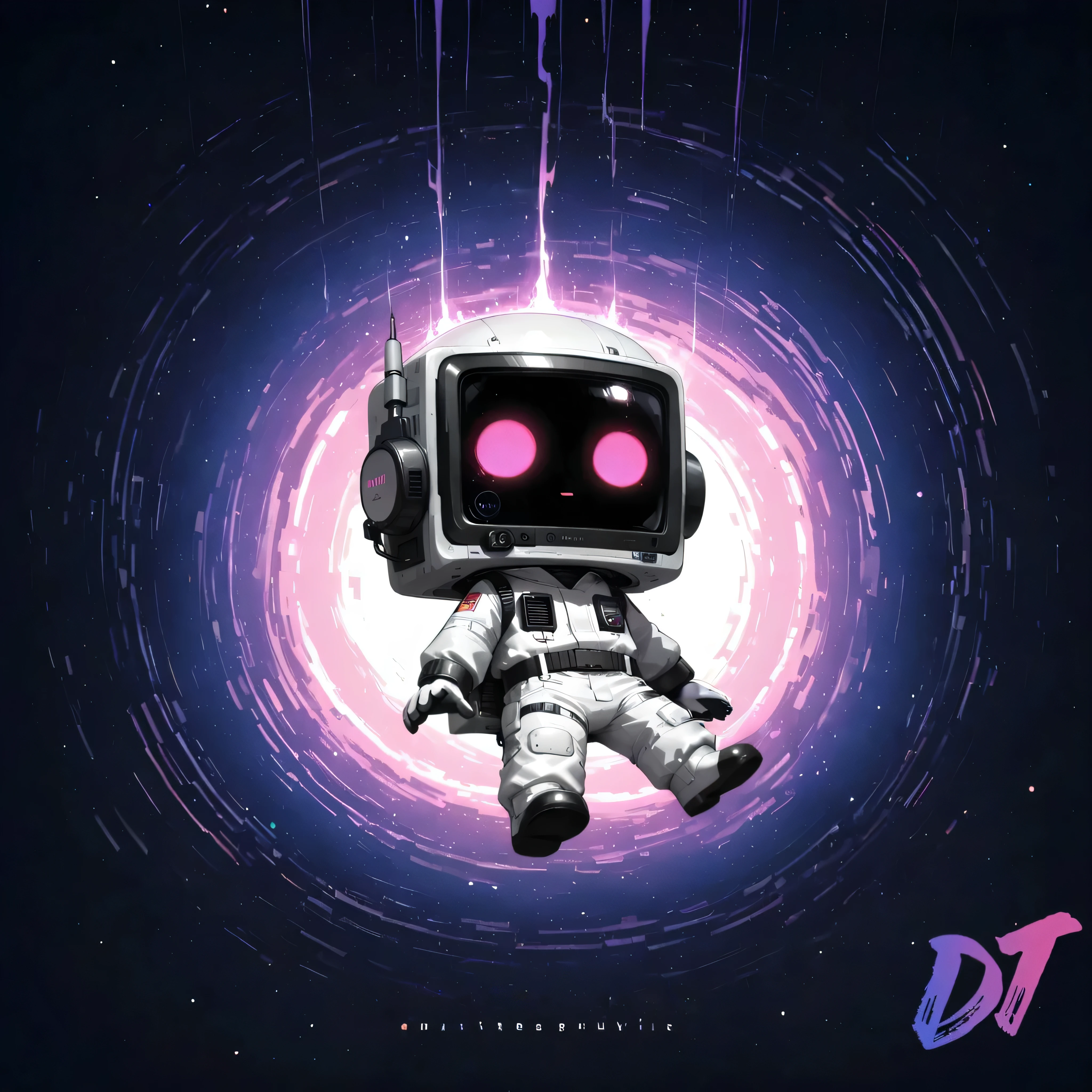 (masterpiece, best quality:1.2), chibi style, 1boy, radio_head, expressive craze_face, glowing circle eyes, glitch_face distortion, chibi style, soft outlines, cute proportions, wearing spacesuit, closed eyes, tired eyes, (floating gently in outer space), holding a violin, drifting slowly, tiny distant planet far behind him, small and round, light starfield, soft cosmic sparkles, pastel purple nebula haze, character slightly rotated as if weightless, limbs relaxed, soft body floating pose, radio_head glowing softly, small glitch particles drifting off, subtle purple aura around him, gentle distortion effects, calm, peaceful, dreamy space atmosphere, no violence, no explosion, just cute space drift vibe, tiny digital debris slowly orbiting him, (album cover framing:1.1), centered subject, no text, clean, soft, simple composition.