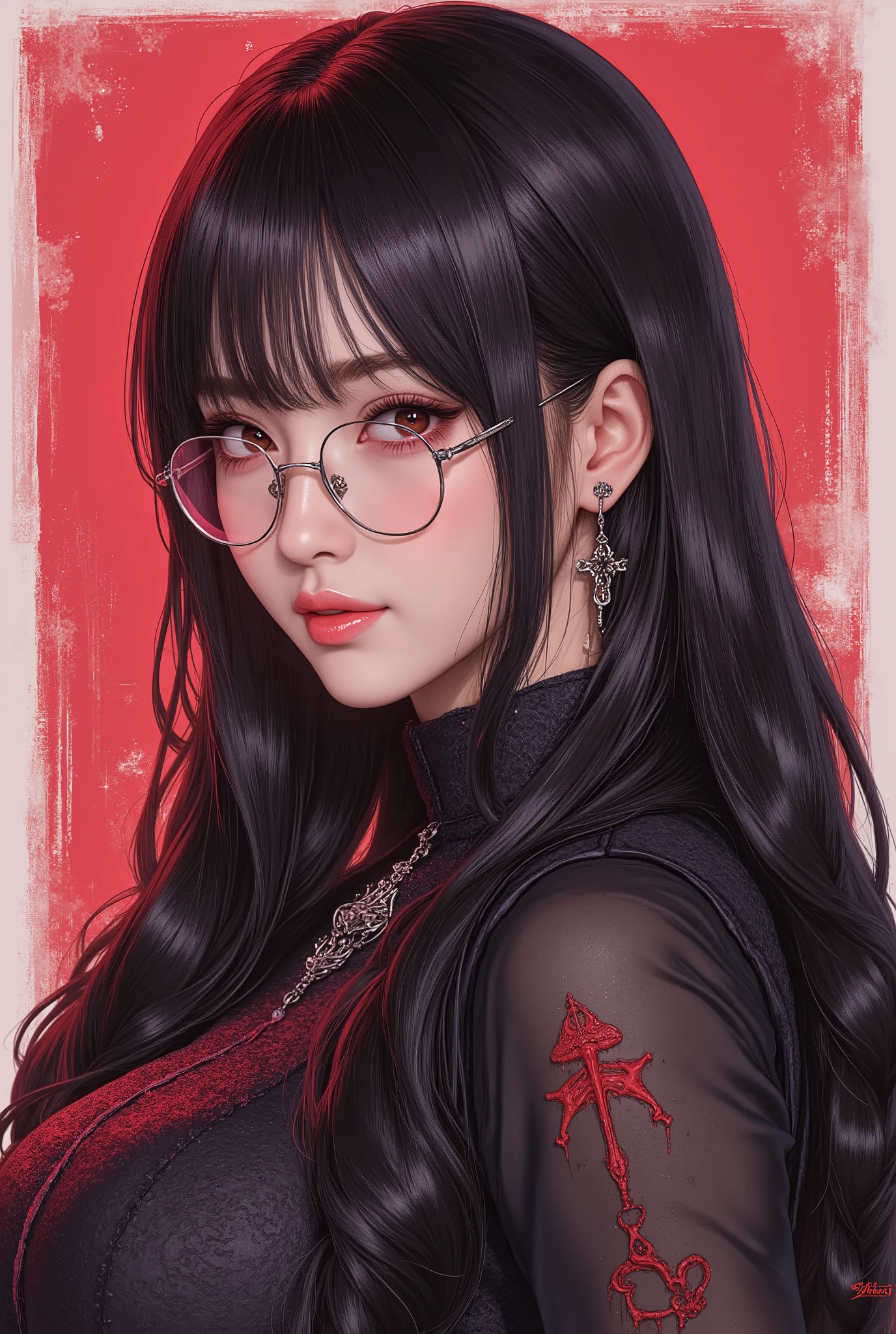 (  Highest Quality, best illustrations,high image quality:1.2), (Horror Fantasy:1.5), (ink and watercolor:1.5),(Ominous Scenery   :1.5),(A lot of dust rises:1.5),(  Dirt Track   :1.5),(wonderful:1.5),(masterpiece:1.5),  (Powerful figures:1.1、Big Breasts:1.3) 、 ((((glasses、Closeup Shot, cute、 Red Eyes、 Evil Ruby's Cursed Necklace )))),(((glasses、Big Breasts、  braids)))、  cute face,  raise eyebrows , ,(Fatal Beauty,  charming beauty ) ,(Mysterious Charm:1.1),(Big Breasts、attractive silhouette),   high image qualityテクスチャ 、High Quality Shadows、   beautiful and delicate face   、 beautiful, delicate, eyes are sticky liquid dripping  、 ray tracing 、 20th Generation、 cute K-POP girl、( The Face of Korea )、Thin face、( Ulzan-6500-v1.1:0.6)、   Face of Pure Loss   _v1 , ( beautiful and delicate face ,  beautiful and delicate eyes,  perfectly balanced face ,  high image quality skin ,  detailed skin,  lens flares {x} perfect ratio 4 fingers to 1 thumb :1.25)、 DSLRs、   地獄から来たbeautiful悪魔女  ,    ATTRACTIVE GIRL  , Real Girls, Gurwitz,  Gurwitz-style Artwork , Girl Roleplay, Realistic 3d style, cgstation Popular Topics,,  8k portrait rendering BYMR. nomi ,（truth,truth:1.4,glassesの少女  :1.2)、cheek、 glossy lips, 1. オーバーサイズ comment:  comment、 come up with an oversized design that covers shoulder to knee.。 navy blue or black are standard colors .、[ Soft khaki or beige , wait.、 Pick the right color for the season 。 2.    choose the color that suits your skin    : To protect yourself from the cold、    choose the color that suits your skin   、 ニットの質感と色を commentに合わせてください .。 3. ワイドレッグ   pants:    pants,  choose a wide leg design 、combines mobility and style。Dark tone denim or black   pants look great.。 4. knee-high boots: オーバーサイズ commentに含まれるもの、boots are black or dark brown Match the texture and color of the fashionable.、  Gives a stylish impression  。 5. accessories:   The  。  Disney  、   long necklace  、6. handbag: handbag、let's match the color of your outfit.