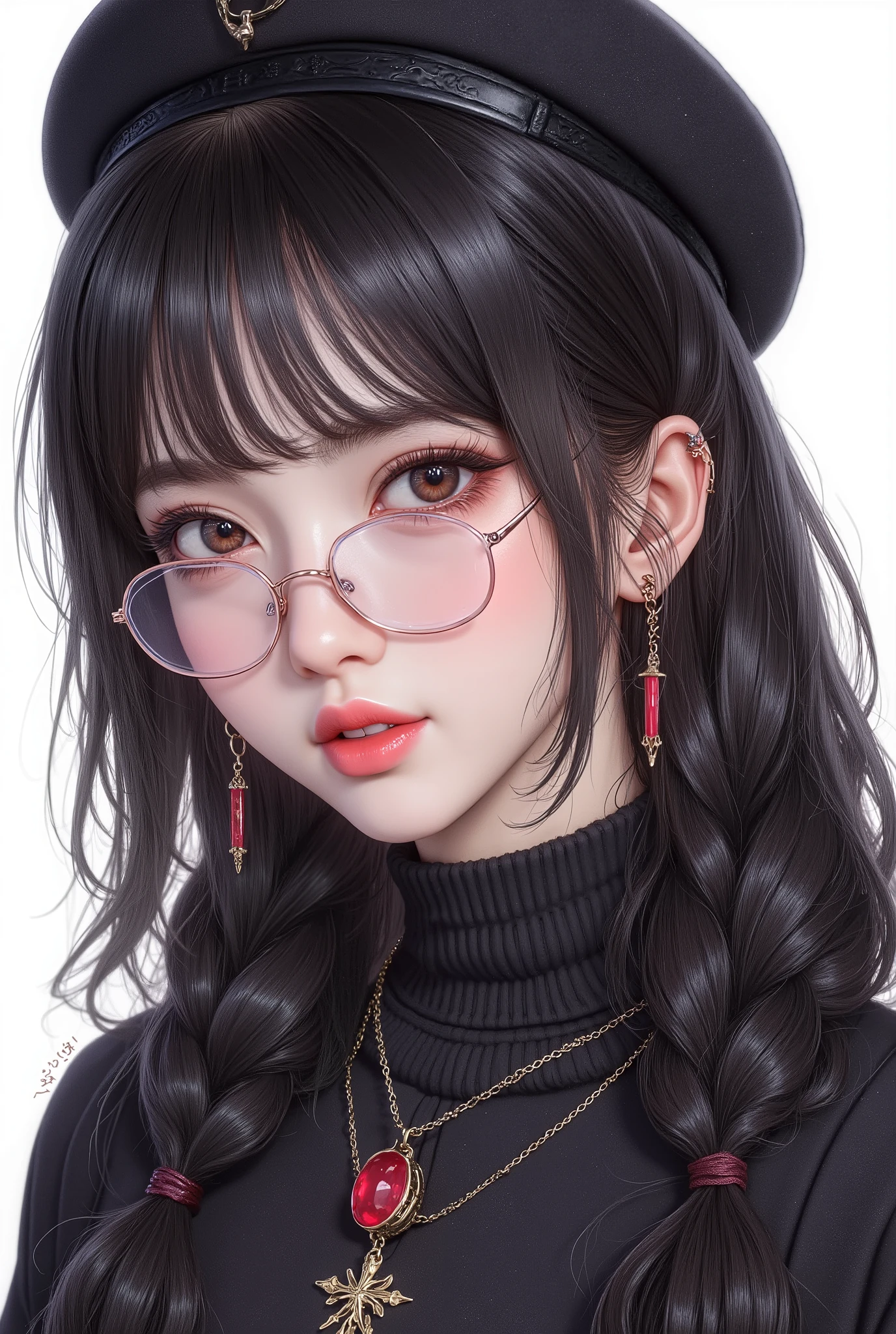 (  Highest Quality, best illustrations,high image quality:1.2), (Horror Fantasy:1.5), (ink and watercolor:1.5),(Ominous Scenery   :1.5),(A lot of dust rises:1.5),(  Dirt Track   :1.5),(wonderful:1.5),(masterpiece:1.5),  (Powerful figures:1.1、Big Breasts:1.3) 、 ((((glasses、Closeup Shot, cute、 Red Eyes、 Evil Ruby's Cursed Necklace )))),(((glasses、Big Breasts、  braids)))、  cute face,  raise eyebrows , ,(Fatal Beauty,  charming beauty ) ,(Mysterious Charm:1.1),(Big Breasts、attractive silhouette),   high image qualityテクスチャ 、High Quality Shadows、   beautiful and delicate face   、 beautiful, delicate, eyes are sticky liquid dripping  、 ray tracing 、 20th Generation、 cute K-POP girl、( The Face of Korea )、Thin face、( Ulzan-6500-v1.1:0.6)、   Face of Pure Loss   _v1 , ( beautiful and delicate face ,  beautiful and delicate eyes,  perfectly balanced face ,  high image quality skin ,  detailed skin,  lens flares {x} perfect ratio 4 fingers to 1 thumb :1.25)、 DSLRs、   地獄から来たbeautiful悪魔女  ,    ATTRACTIVE GIRL  , Real Girls, Gurwitz,  Gurwitz-style Artwork , Girl Roleplay, Realistic 3d style, cgstation Popular Topics,,  8k portrait rendering BYMR. nomi ,（truth,truth:1.4,glassesの少女  :1.2)、cheek、 glossy lips, 1. オーバーサイズ comment:  comment、 come up with an oversized design that covers shoulder to knee.。 navy blue or black are standard colors .、[ Soft khaki or beige , wait.、 Pick the right color for the season 。 2.    choose the color that suits your skin    : To protect yourself from the cold、    choose the color that suits your skin   、 ニットの質感と色を commentに合わせてください .。 3. ワイドレッグ   pants:    pants,  choose a wide leg design 、combines mobility and style。Dark tone denim or black   pants look great.。 4. knee-high boots: オーバーサイズ commentに含まれるもの、boots are black or dark brown Match the texture and color of the fashionable.、  Gives a stylish impression  。 5. accessories:   The  。  Disney  、   long necklace  、6. handbag: handbag、let's match the color of your outfit.