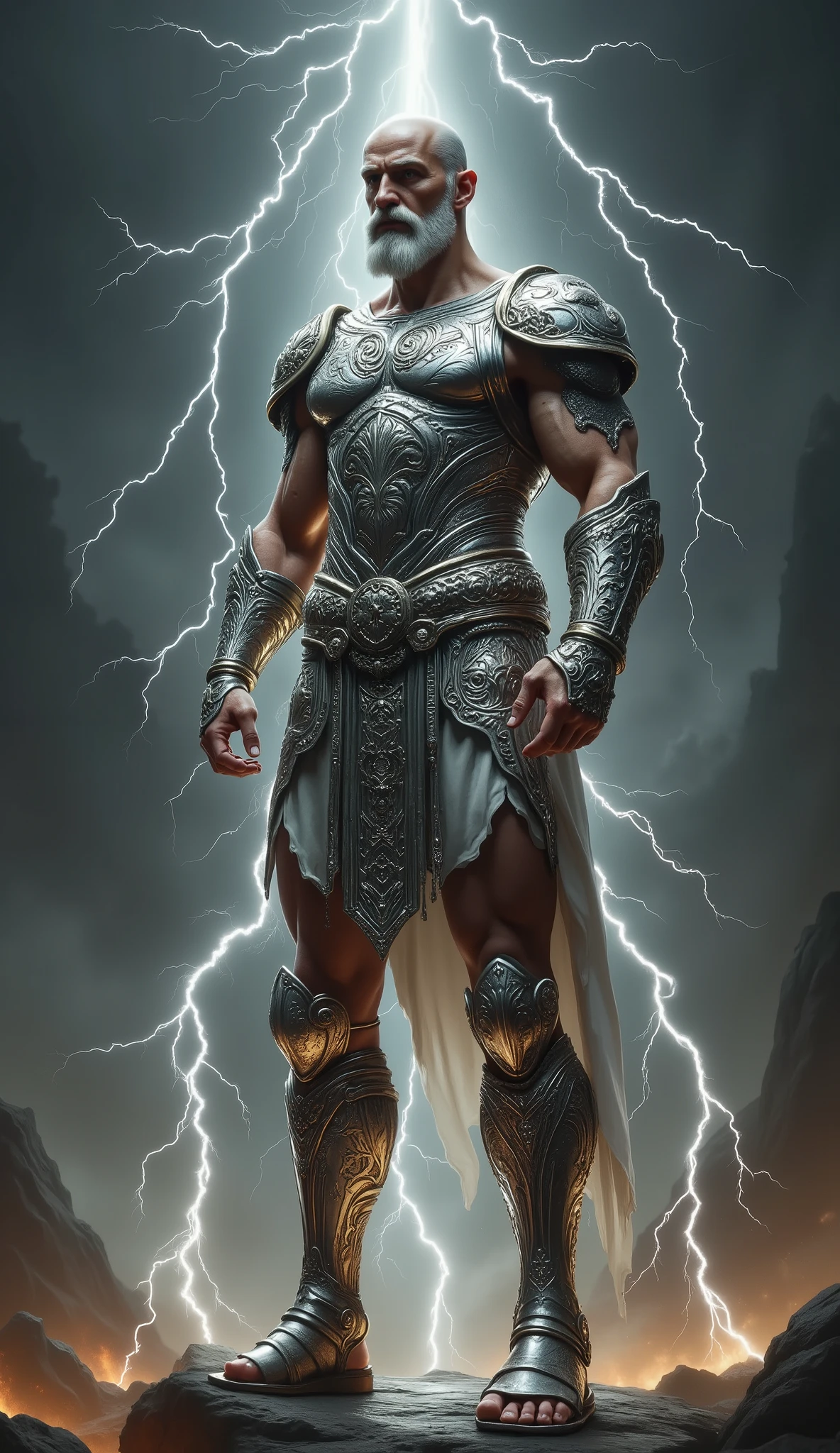 Zeus, lightning background, shining silver amor, skinny, slightlty baldness, moustache, sandal