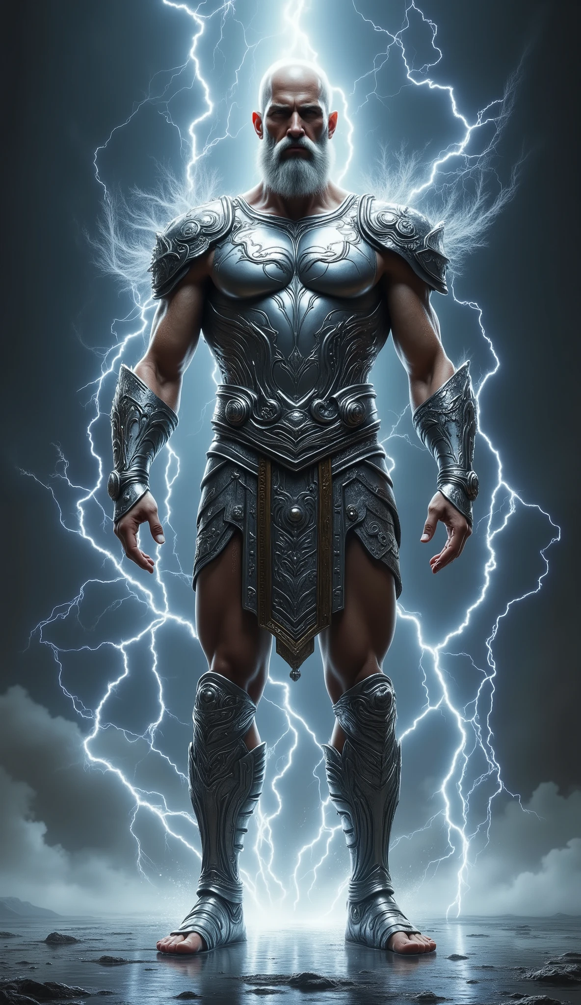 Zeus, lightning background, shining silver amor, skinny, slightlty baldness, moustache, sandal