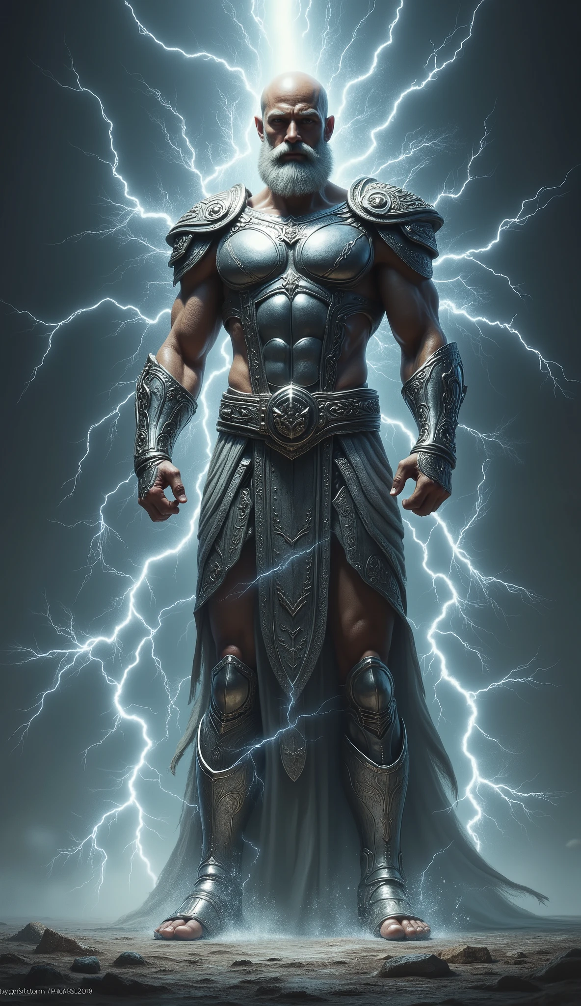 Zeus, lightning background, shining silver amor, skinny, slightlty baldness, moustache, sandal