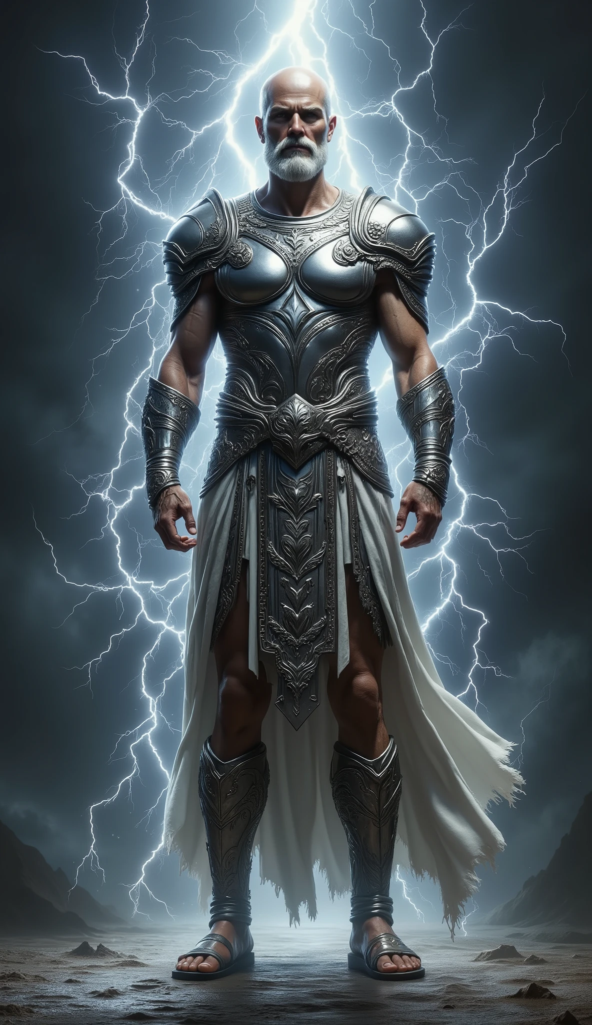 Zeus, lightning background, shining silver amor, skinny, slightlty baldness, moustache, sandal
