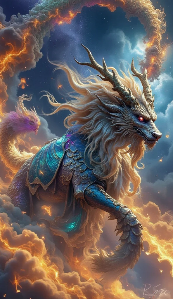 Resplendent, golden scales that capture the light beautifully. Your natural armor is a masterpiece of nature, Centennial Sapphire Eyes emanating an intense light Imposing and Carved Horns Majestic Wingspan. has wings that extend with grandeur. Garras Afiadas e Poderosas destacam-se nas extremidades de suas patas, Flaming Mane Flames dance in a variety of colors, Elegant Tail with Crystal Tip This magical jewel is a focus for your magical powers and an expression of your unique nature. Postura Real e Confiante