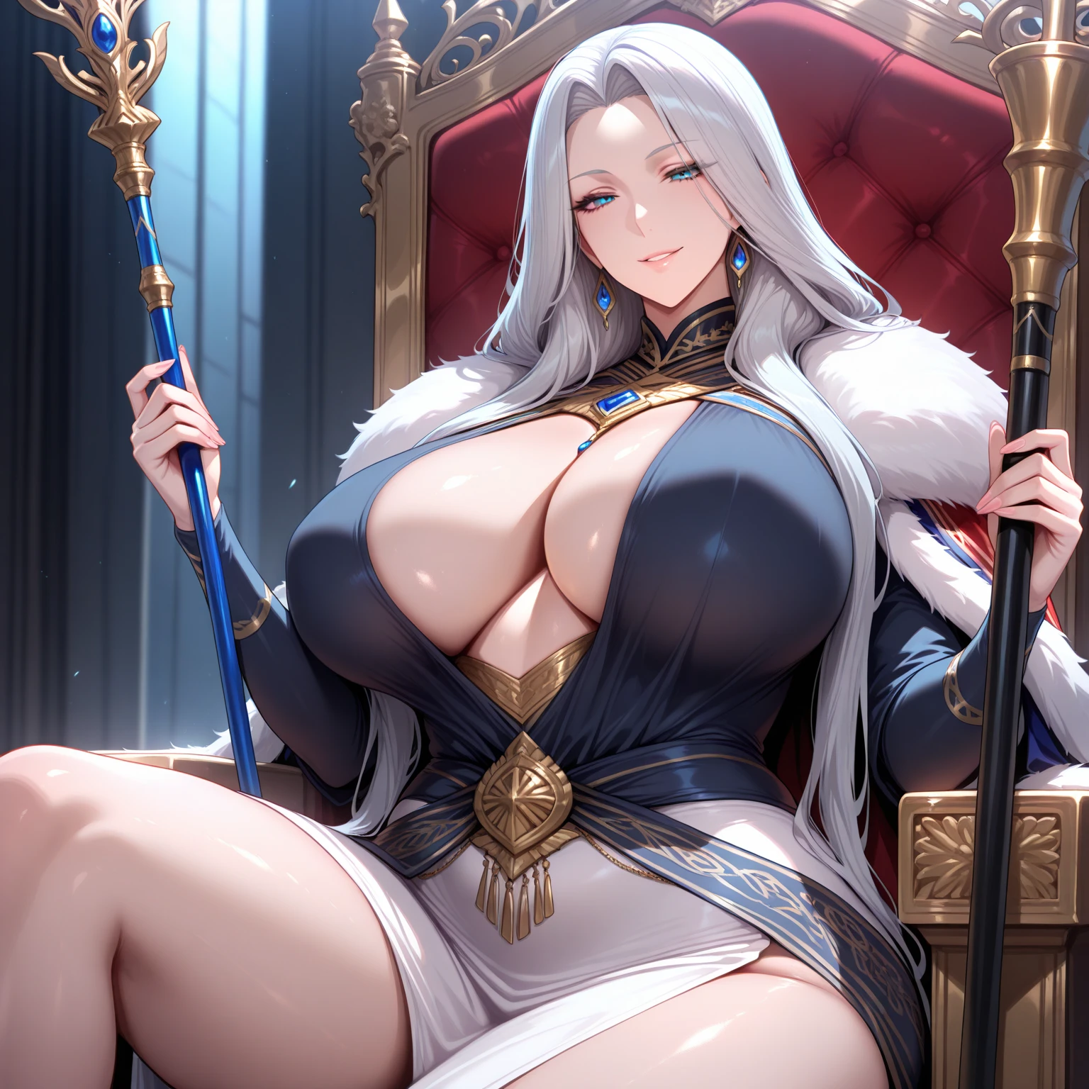 A woman with big ，Beauty，female pervert，White long hair，Gemstone Necklace，Victorian style，Jeweled Evening Dress，(short dress)，weak，Sexy，Color，Show the chest，See the lateral breast，((estrus))，banquet，gorgeous，living room，