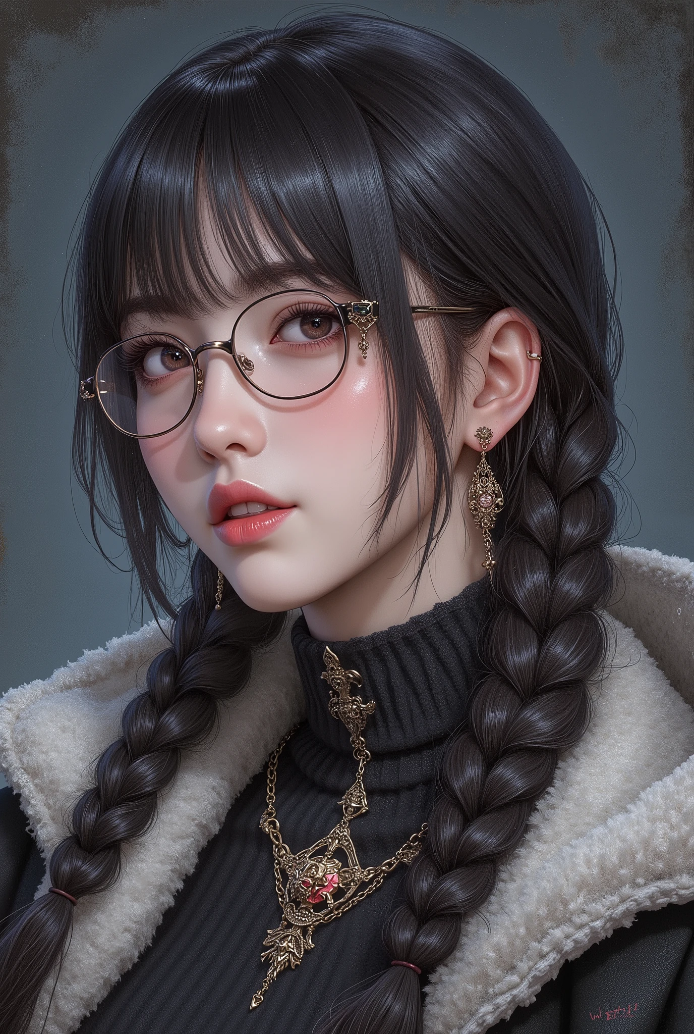 (  Highest Quality, best illustrations,high image quality:1.2), (Horror Fantasy:1.5), (ink and watercolor:1.5),(Ominous Scenery   :1.5),(A lot of dust rises:1.5),(  Dirt Track   :1.5),(wonderful:1.5),(masterpiece:1.5),  (Powerful figures:1.1、Big Breasts:1.3) 、 ((((glasses、Closeup Shot, cute、 Red Eyes、 Evil Ruby's Cursed Necklace )))),(((glasses、Big Breasts、  braids)))、  cute face,  raise eyebrows , ,(Fatal Beauty,  charming beauty ) ,(Mysterious Charm:1.1),(Big Breasts、attractive silhouette),   high image qualityテクスチャ 、High Quality Shadows、   beautiful and delicate face   、 beautiful, delicate, eyes are sticky liquid dripping  、 ray tracing 、 20th Generation、 cute K-POP girl、( The Face of Korea )、Thin face、( Ulzan-6500-v1.1:0.6)、   Face of Pure Loss   _v1 , ( beautiful and delicate face ,  beautiful and delicate eyes,  perfectly balanced face ,  high image quality skin ,  detailed skin,  lens flares {x} perfect ratio 4 fingers to 1 thumb :1.25)、 DSLRs、   地獄から来たbeautiful悪魔女  ,    ATTRACTIVE GIRL  , Real Girls, Gurwitz,  Gurwitz-style Artwork , Girl Roleplay, Realistic 3d style, cgstation Popular Topics,,  8k portrait rendering BYMR. nomi ,（truth,truth:1.4,glassesの少女  :1.2)、cheek、 glossy lips, 1. オーバーサイズ comment:  comment、 come up with an oversized design that covers shoulder to knee.。 navy blue or black are standard colors .、[ Soft khaki or beige , wait.、 Pick the right color for the season 。 2.    choose the color that suits your skin    : To protect yourself from the cold、    choose the color that suits your skin   、 ニットの質感と色を commentに合わせてください .。 3. ワイドレッグ   pants:    pants,  choose a wide leg design 、combines mobility and style。Dark tone denim or black   pants look great.。 4. knee-high boots: オーバーサイズ commentに含まれるもの、boots are black or dark brown Match the texture and color of the fashionable.、  Gives a stylish impression  。 5. accessories:   The  。  Disney  、   long necklace  、6. handbag: handbag、let's match the color of your outfit.