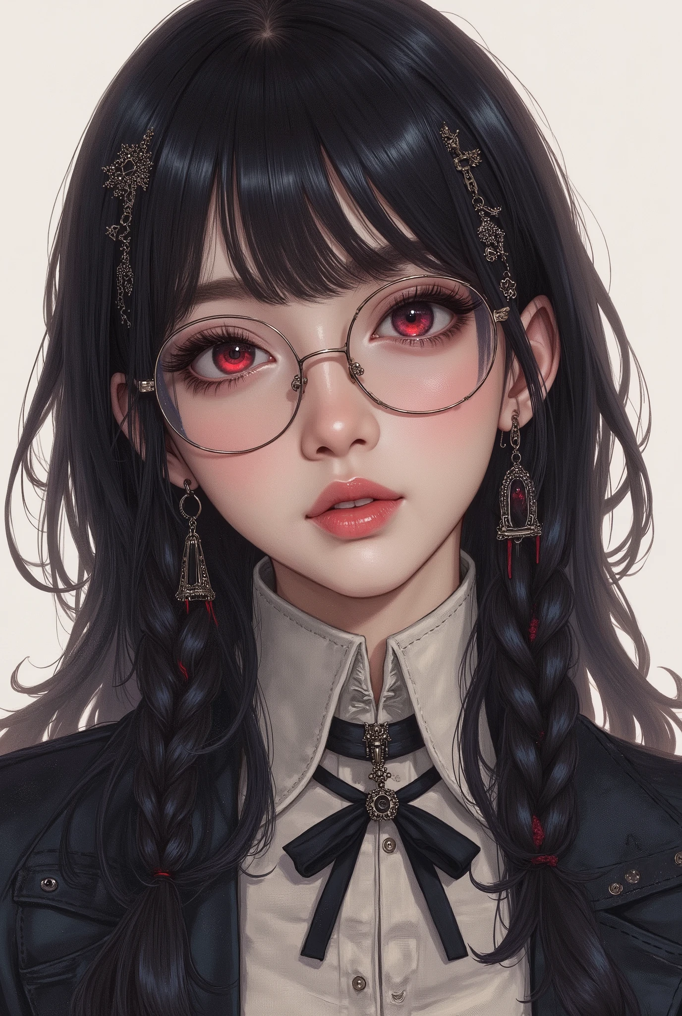 (  Highest Quality, best illustrations,high image quality:1.2), (Horror Fantasy:1.5), (ink and watercolor:1.5),(Ominous Scenery   :1.5),(A lot of dust rises:1.5),(  Dirt Track   :1.5),(wonderful:1.5),(masterpiece:1.5),  (Powerful figures:1.1、Big Breasts:1.3) 、 ((((glasses、Closeup Shot, cute、 Red Eyes、 Evil Ruby's Cursed Necklace )))),(((glasses、Big Breasts、  braids)))、  cute face,  raise eyebrows , ,(Fatal Beauty,  charming beauty ) ,(Mysterious Charm:1.1),(Big Breasts、attractive silhouette),   high image qualityテクスチャ 、High Quality Shadows、   beautiful and delicate face   、 beautiful, delicate, eyes are sticky liquid dripping  、 ray tracing 、 20th Generation、 cute K-POP girl、( The Face of Korea )、Thin face、( Ulzan-6500-v1.1:0.6)、   Face of Pure Loss   _v1 , ( beautiful and delicate face ,  beautiful and delicate eyes,  perfectly balanced face ,  high image quality skin ,  detailed skin,  lens flares {x} perfect ratio 4 fingers to 1 thumb :1.25)、 DSLRs、   地獄から来たbeautiful悪魔女  ,    ATTRACTIVE GIRL  , Real Girls, Gurwitz,  Gurwitz-style Artwork , Girl Roleplay, Realistic 3d style, cgstation Popular Topics,,  8k portrait rendering BYMR. nomi ,（truth,truth:1.4,glassesの少女  :1.2)、cheek、 glossy lips, 1. オーバーサイズ comment:  comment、 come up with an oversized design that covers shoulder to knee.。 navy blue or black are standard colors .、[ Soft khaki or beige , wait.、 Pick the right color for the season 。 2.    choose the color that suits your skin    : To protect yourself from the cold、    choose the color that suits your skin   、 ニットの質感と色を commentに合わせてください .。 3. ワイドレッグ   pants:    pants,  choose a wide leg design 、combines mobility and style。Dark tone denim or black   pants look great.。 4. knee-high boots: オーバーサイズ commentに含まれるもの、boots are black or dark brown Match the texture and color of the fashionable.、  Gives a stylish impression  。 5. accessories:   The  。  Disney  、   long necklace  、6. handbag: handbag、let's match the color of your outfit.