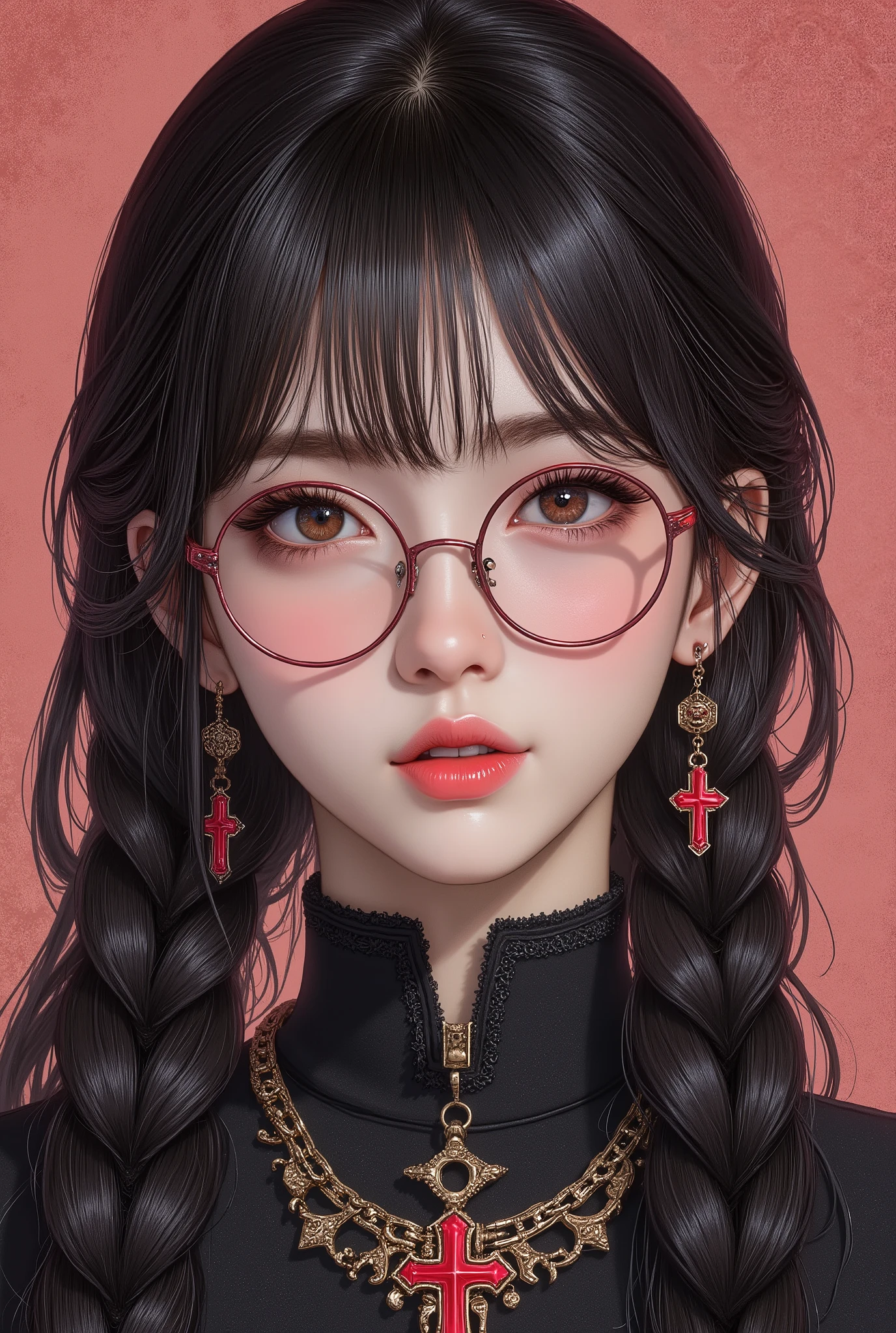 (  Highest Quality, best illustrations,high image quality:1.2), (Horror Fantasy:1.5), (ink and watercolor:1.5),(Ominous Scenery   :1.5),(A lot of dust rises:1.5),(  Dirt Track   :1.5),(wonderful:1.5),(masterpiece:1.5),  (Powerful figures:1.1、Big Breasts:1.3) 、 ((((glasses、Closeup Shot, cute、 Red Eyes、 Evil Ruby's Cursed Necklace )))),(((glasses、Big Breasts、  braids)))、  cute face,  raise eyebrows , ,(Fatal Beauty,  charming beauty ) ,(Mysterious Charm:1.1),(Big Breasts、attractive silhouette),   high image qualityテクスチャ 、High Quality Shadows、   beautiful and delicate face   、 beautiful, delicate, eyes are sticky liquid dripping  、 ray tracing 、 20th Generation、 cute K-POP girl、( The Face of Korea )、Thin face、( Ulzan-6500-v1.1:0.6)、   Face of Pure Loss   _v1 , ( beautiful and delicate face ,  beautiful and delicate eyes,  perfectly balanced face ,  high image quality skin ,  detailed skin,  lens flares {x} perfect ratio 4 fingers to 1 thumb :1.25)、 DSLRs、   地獄から来たbeautiful悪魔女  ,    ATTRACTIVE GIRL  , Real Girls, Gurwitz,  Gurwitz-style Artwork , Girl Roleplay, Realistic 3d style, cgstation Popular Topics,,  8k portrait rendering BYMR. nomi ,（truth,truth:1.4,glassesの少女  :1.2)、cheek、 glossy lips, 1. オーバーサイズ comment:  comment、 come up with an oversized design that covers shoulder to knee.。 navy blue or black are standard colors .、[ Soft khaki or beige , wait.、 Pick the right color for the season 。 2.    choose the color that suits your skin    : To protect yourself from the cold、    choose the color that suits your skin   、 ニットの質感と色を commentに合わせてください .。 3. ワイドレッグ   pants:    pants,  choose a wide leg design 、combines mobility and style。Dark tone denim or black   pants look great.。 4. knee-high boots: オーバーサイズ commentに含まれるもの、boots are black or dark brown Match the texture and color of the fashionable.、  Gives a stylish impression  。 5. accessories:   The  。  Disney  、   long necklace  、6. handbag: handbag、let's match the color of your outfit.