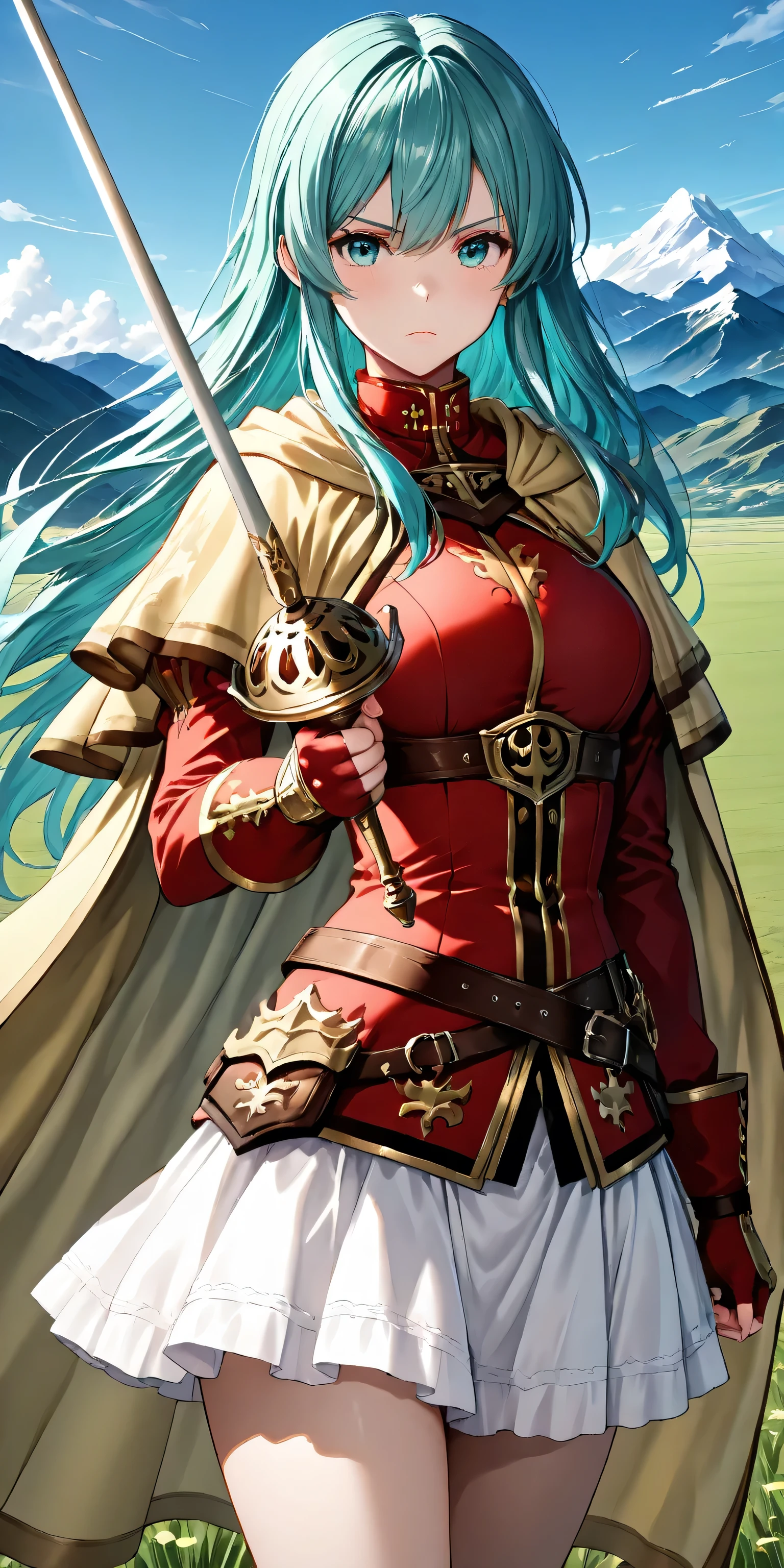 masterpiece, top quality, 1girl, solo, postpone, Aqua Hair, long hair, Hair, red shirt, gold trim on both hands, gold trim on both handsアーマー, yellow cape , holding a rapier,Battle Pose,Red gloves, fingerless gloves, Brown Strap, white skirt, watching viewers, serious face, Blue Sky, Mountain々, field,Cowboy Shots