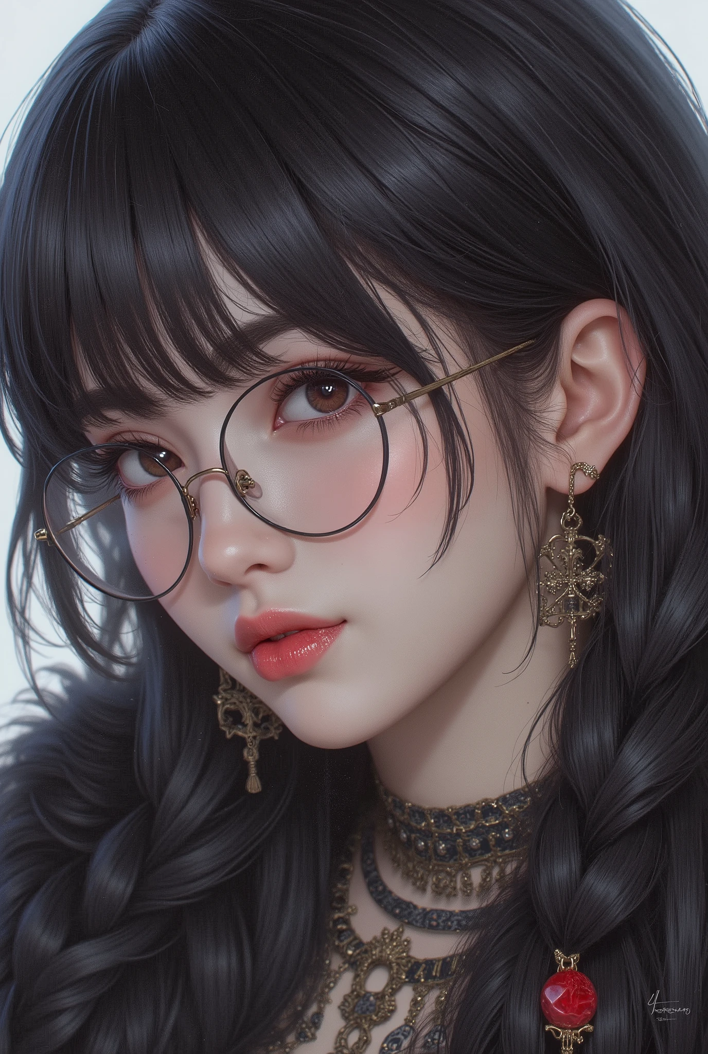 (  Highest Quality, best illustrations,high image quality:1.2), (Horror Fantasy:1.5), (ink and watercolor:1.5),(Ominous Scenery   :1.5),(A lot of dust rises:1.5),(  Dirt Track   :1.5),(wonderful:1.5),(masterpiece:1.5),  (Powerful figures:1.1、Big Breasts:1.3) 、 ((((glasses、Closeup Shot, cute、 Red Eyes、 Evil Ruby's Cursed Necklace )))),(((glasses、Big Breasts、  braids)))、  cute face,  raise eyebrows , ,(Fatal Beauty,  charming beauty ) ,(Mysterious Charm:1.1),(Big Breasts、attractive silhouette),   high image qualityテクスチャ 、High Quality Shadows、   beautiful and delicate face   、 beautiful, delicate, eyes are sticky liquid dripping  、 ray tracing 、 20th Generation、 cute K-POP girl、( The Face of Korea )、Thin face、( Ulzan-6500-v1.1:0.6)、   Face of Pure Loss   _v1 , ( beautiful and delicate face ,  beautiful and delicate eyes,  perfectly balanced face ,  high image quality skin ,  detailed skin,  lens flares {x} perfect ratio 4 fingers to 1 thumb :1.25)、 DSLRs、   地獄から来たbeautiful悪魔女  ,    ATTRACTIVE GIRL  , Real Girls, Gurwitz,  Gurwitz-style Artwork , Girl Roleplay, Realistic 3d style, cgstation Popular Topics,,  8k portrait rendering BYMR. nomi ,（truth,truth:1.4,glassesの少女  :1.2)、cheek、 glossy lips, 1. オーバーサイズ comment:  comment、 come up with an oversized design that covers shoulder to knee.。 navy blue or black are standard colors .、[ Soft khaki or beige , wait.、 Pick the right color for the season 。 2.    choose the color that suits your skin    : To protect yourself from the cold、    choose the color that suits your skin   、 ニットの質感と色を commentに合わせてください .。 3. ワイドレッグ   pants:    pants,  choose a wide leg design 、combines mobility and style。Dark tone denim or black   pants look great.。 4. knee-high boots: オーバーサイズ commentに含まれるもの、boots are black or dark brown Match the texture and color of the fashionable.、  Gives a stylish impression  。 5. accessories:   The  。  Disney  、   long necklace  、6. handbag: handbag、let's match the color of your outfit.