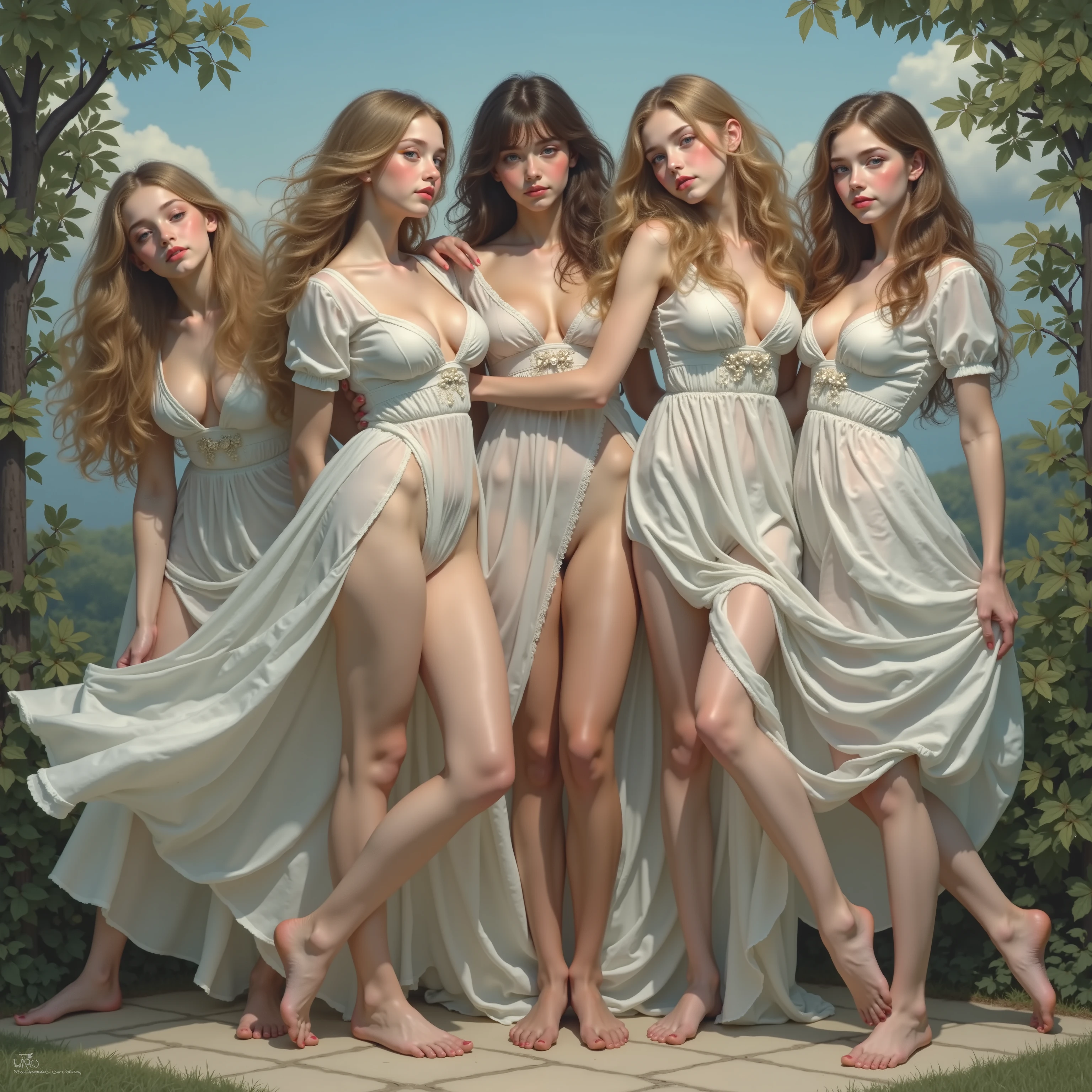 William Adolphe Bouguereau style, Extremely Detailed Barefoot Girly Teenagers with curly golden hair smiling gently, Clear white skin and big blue eyes, Panoramic, Leggy full body, Holding tight self body,