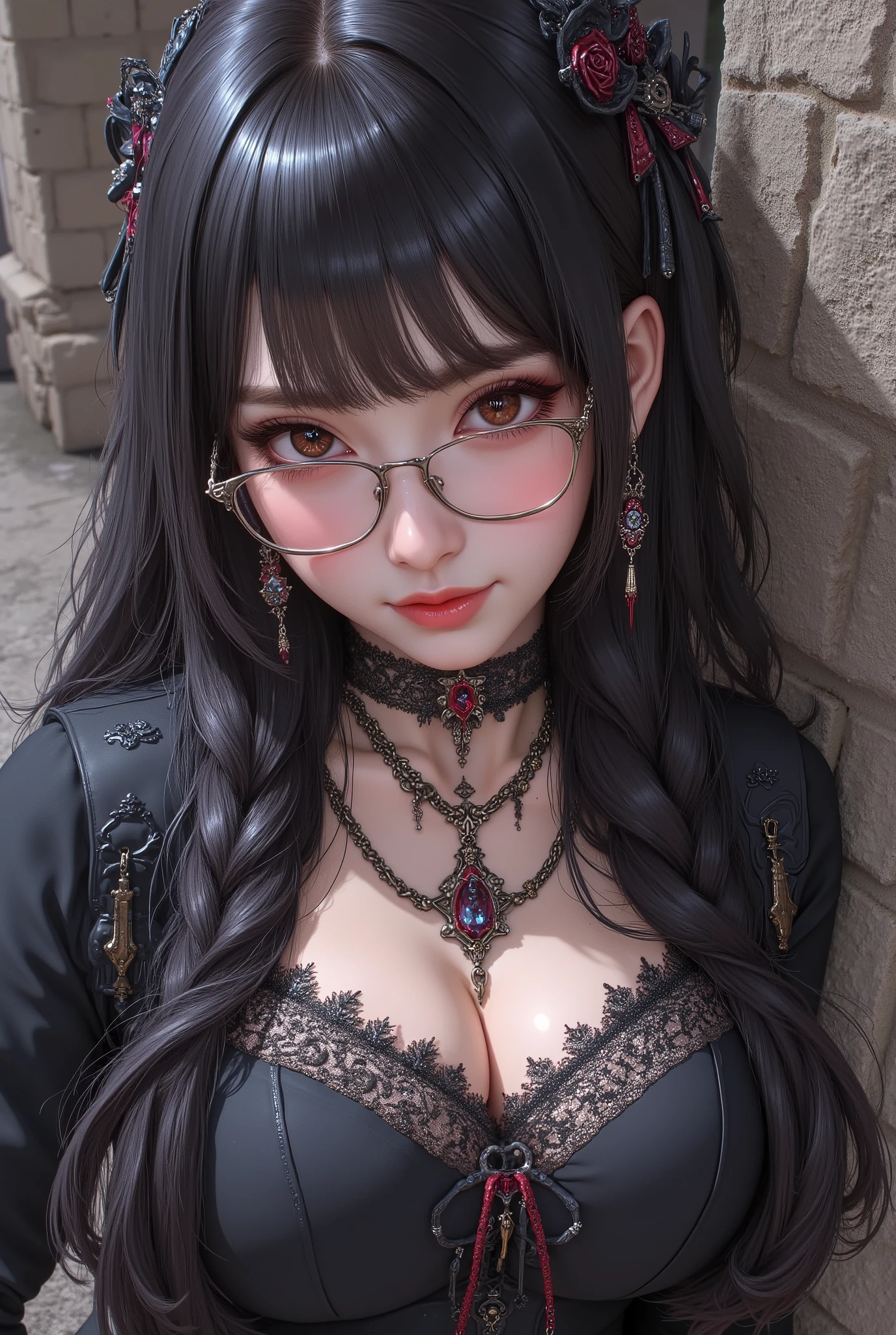 (  Highest Quality, best illustrations,high image quality:1.2), (Horror Fantasy:1.5), (ink and watercolor:1.5),(Ominous Scenery   :1.5),(A lot of dust rises:1.5),(  Dirt Track   :1.5),(wonderful:1.5),(masterpiece:1.5),  (Powerful figures:1.1、Big Breasts:1.3) 、 ((((glasses、Closeup Shot, cute、 Red Eyes、 Evil Ruby's Cursed Necklace )))),(((glasses、Big Breasts、  braids)))、  cute face,  raise eyebrows , ,(Fatal Beauty,  charming beauty ) ,(Mysterious Charm:1.1),(Big Breasts、attractive silhouette),   high image qualityテクスチャ 、High Quality Shadows、   beautiful and delicate face   、 beautiful, delicate, eyes are sticky liquid dripping  、 ray tracing 、 20th Generation、 cute K-POP girl、( The Face of Korea )、Thin face、( Ulzan-6500-v1.1:0.6)、   Face of Pure Loss   _v1 , ( beautiful and delicate face ,  beautiful and delicate eyes,  perfectly balanced face ,  high image quality skin ,  detailed skin,  lens flares {x} perfect ratio 4 fingers to 1 thumb :1.25)、 DSLRs、   地獄から来たbeautiful悪魔女  ,    ATTRACTIVE GIRL  , Real Girls, Gurwitz,  Gurwitz-style Artwork , Girl Roleplay, Realistic 3d style, cgstation Popular Topics,,  8k portrait rendering BYMR. nomi ,（truth,truth:1.4,glassesの少女  :1.2)、cheek、 glossy lips, 1. オーバーサイズ comment:  comment、 come up with an oversized design that covers shoulder to knee.。 navy blue or black are standard colors .、[ Soft khaki or beige , wait.、 Pick the right color for the season 。 2.    choose the color that suits your skin    : To protect yourself from the cold、    choose the color that suits your skin   、 ニットの質感と色を commentに合わせてください .。 3. ワイドレッグ   pants:    pants,  choose a wide leg design 、combines mobility and style。Dark tone denim or black   pants look great.。 4. knee-high boots: オーバーサイズ commentに含まれるもの、boots are black or dark brown Match the texture and color of the fashionable.、  Gives a stylish impression  。 5. accessories:   The  。  Disney  、   long necklace  、6. handbag: handbag、let's match the color of your outfit.