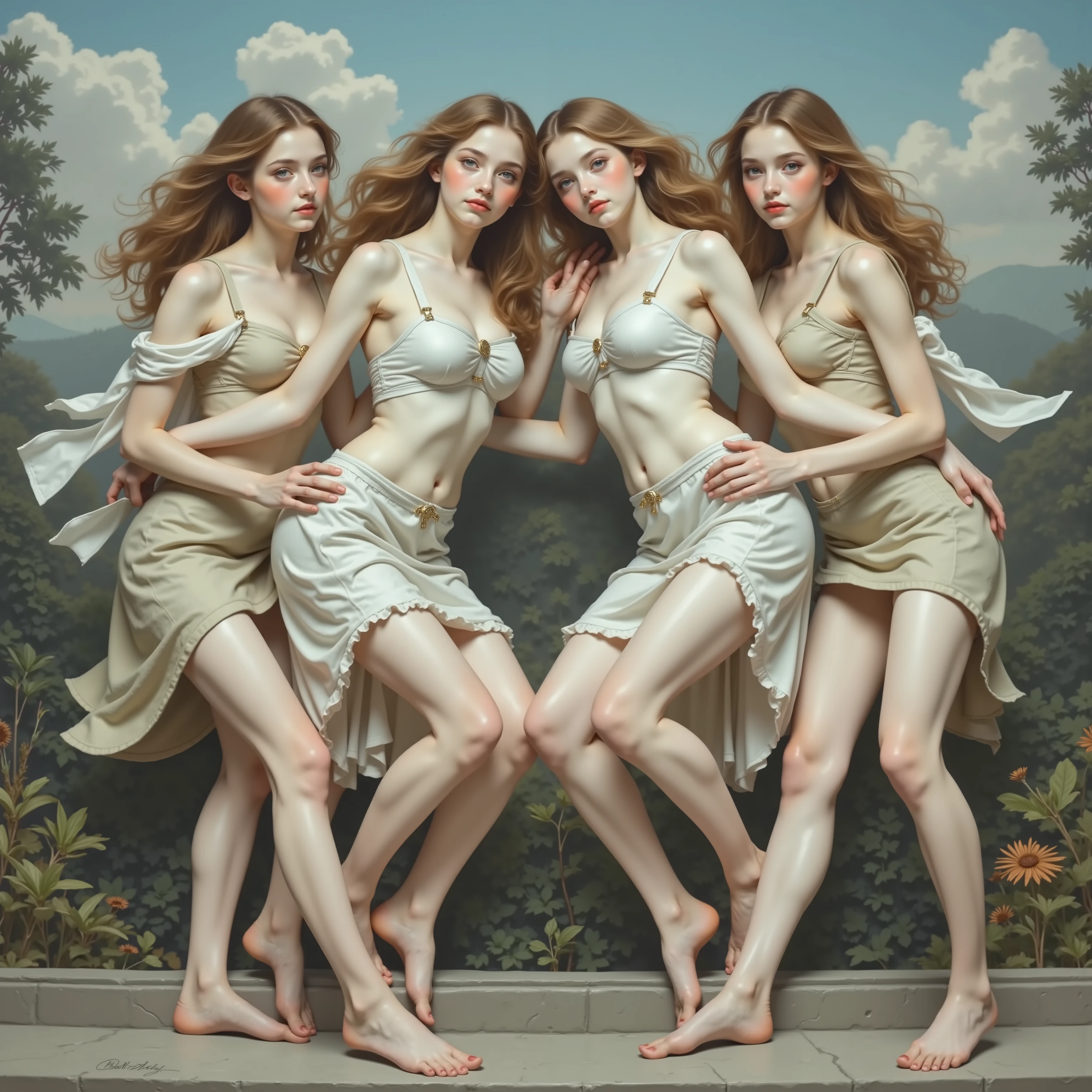 William Adolphe Bouguereau style, Extremely Detailed Barefoot Girly Teenagers with curly golden hair smiling gently, Clear white skin and big blue eyes, Panoramic, Leggy full body, Holding tight self body, 