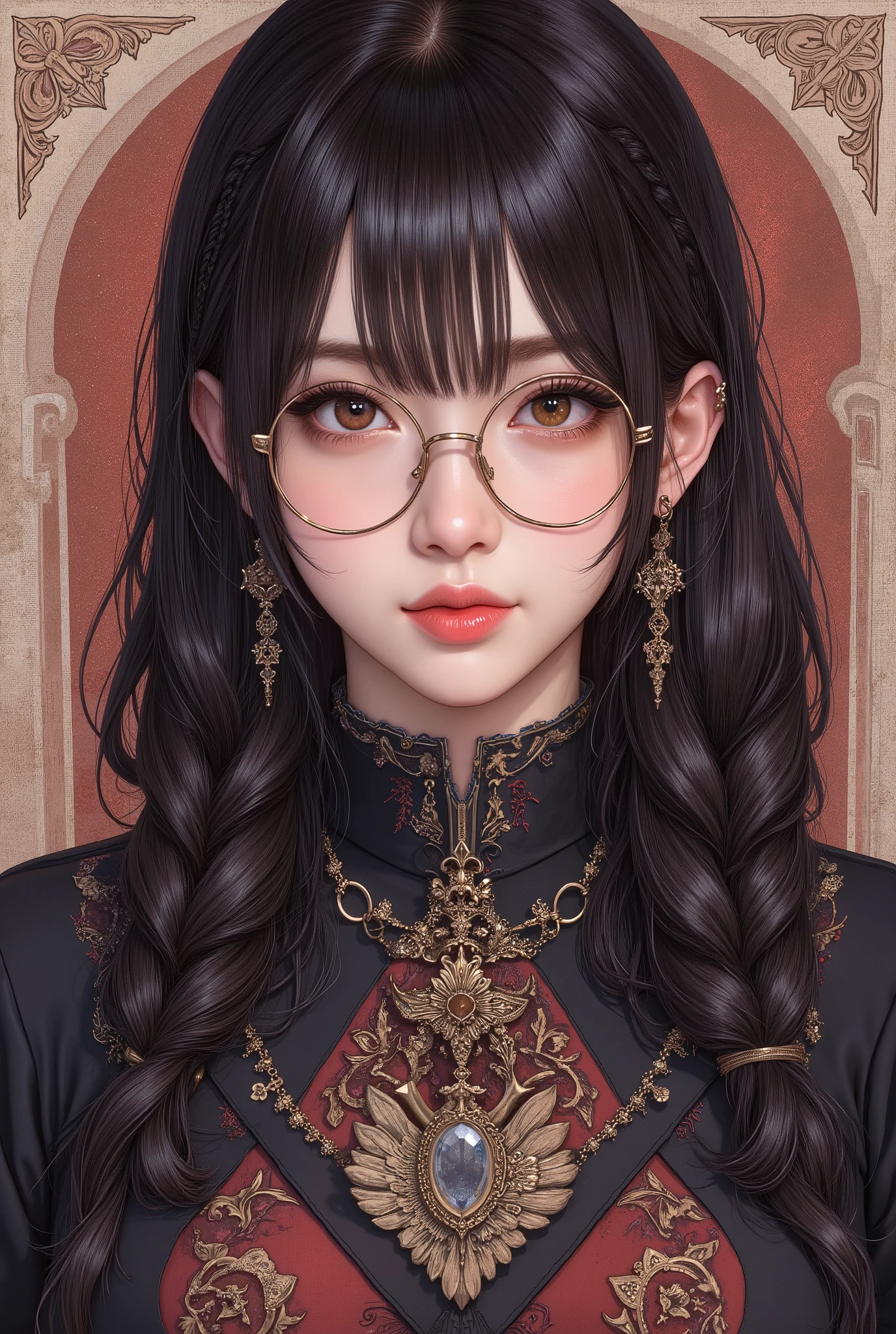 (  Highest Quality, best illustrations,high image quality:1.2), (Horror Fantasy:1.5), (ink and watercolor:1.5),(Ominous Scenery   :1.5),(A lot of dust rises:1.5),(  Dirt Track   :1.5),(wonderful:1.5),(masterpiece:1.5),  (Powerful figures:1.1、Big Breasts:1.3) 、 ((((glasses、Closeup Shot, cute、 Red Eyes、 Evil Ruby's Cursed Necklace )))),(((glasses、Big Breasts、  braids)))、  cute face,  raise eyebrows , ,(Fatal Beauty,  charming beauty ) ,(Mysterious Charm:1.1),(Big Breasts、attractive silhouette),   high image qualityテクスチャ 、High Quality Shadows、   beautiful and delicate face   、 beautiful, delicate, eyes are sticky liquid dripping  、 ray tracing 、 20th Generation、 cute K-POP girl、( The Face of Korea )、Thin face、( Ulzan-6500-v1.1:0.6)、   Face of Pure Loss   _v1 , ( beautiful and delicate face ,  beautiful and delicate eyes,  perfectly balanced face ,  high image quality skin ,  detailed skin,  lens flares {x} perfect ratio 4 fingers to 1 thumb :1.25)、 DSLRs、   地獄から来たbeautiful悪魔女  ,    ATTRACTIVE GIRL  , Real Girls, Gurwitz,  Gurwitz-style Artwork , Girl Roleplay, Realistic 3d style, cgstation Popular Topics,,  8k portrait rendering BYMR. nomi ,（truth,truth:1.4,glassesの少女  :1.2)、cheek、 glossy lips, 1. オーバーサイズ comment:  comment、 come up with an oversized design that covers shoulder to knee.。 navy blue or black are standard colors .、[ Soft khaki or beige , wait.、 Pick the right color for the season 。 2.    choose the color that suits your skin    : To protect yourself from the cold、    choose the color that suits your skin   、 ニットの質感と色を commentに合わせてください .。 3. ワイドレッグ   pants:    pants,  choose a wide leg design 、combines mobility and style。Dark tone denim or black   pants look great.。 4. knee-high boots: オーバーサイズ commentに含まれるもの、boots are black or dark brown Match the texture and color of the fashionable.、  Gives a stylish impression  。 5. accessories:   The  。  Disney  、   long necklace  、6. handbag: handbag、let's match the color of your outfit.