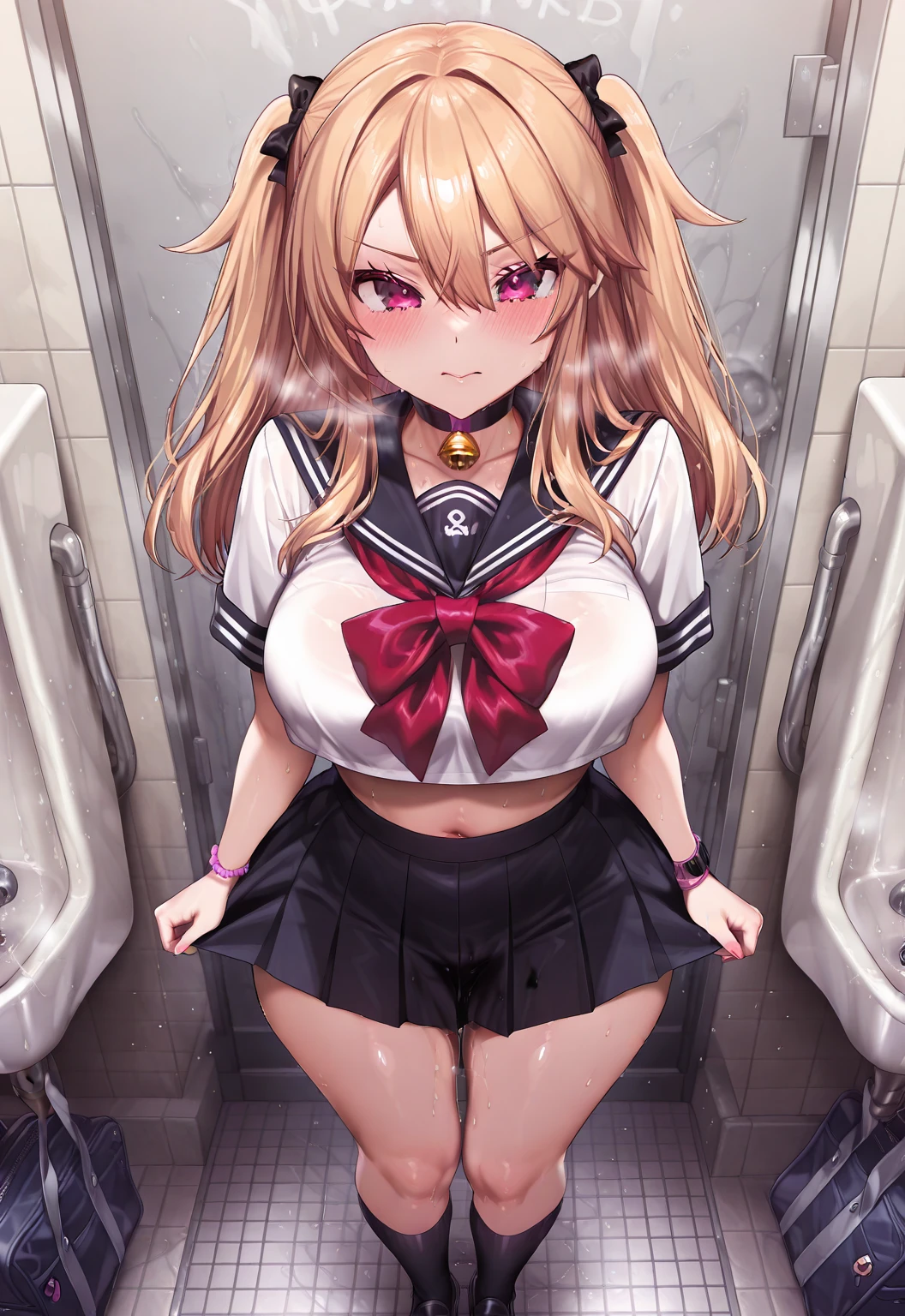 (8k、Highest quality、highest quality、masterpiece)、Detailed face、One girl、one boy、blondes、 ((Brown skin:1.4))、blondes、short hair、Grey Eyes、blush、Embarrassing、Embarrassed、Open your mouth、???????????、((????? ?????)、Full body portrait、kirt Lift、 Sailor suit、school uniform、Black Pantyhose、Black Loafers、big ????? in ?????、??????????、???????????、???、Standing in front of the train door、??????? on glass