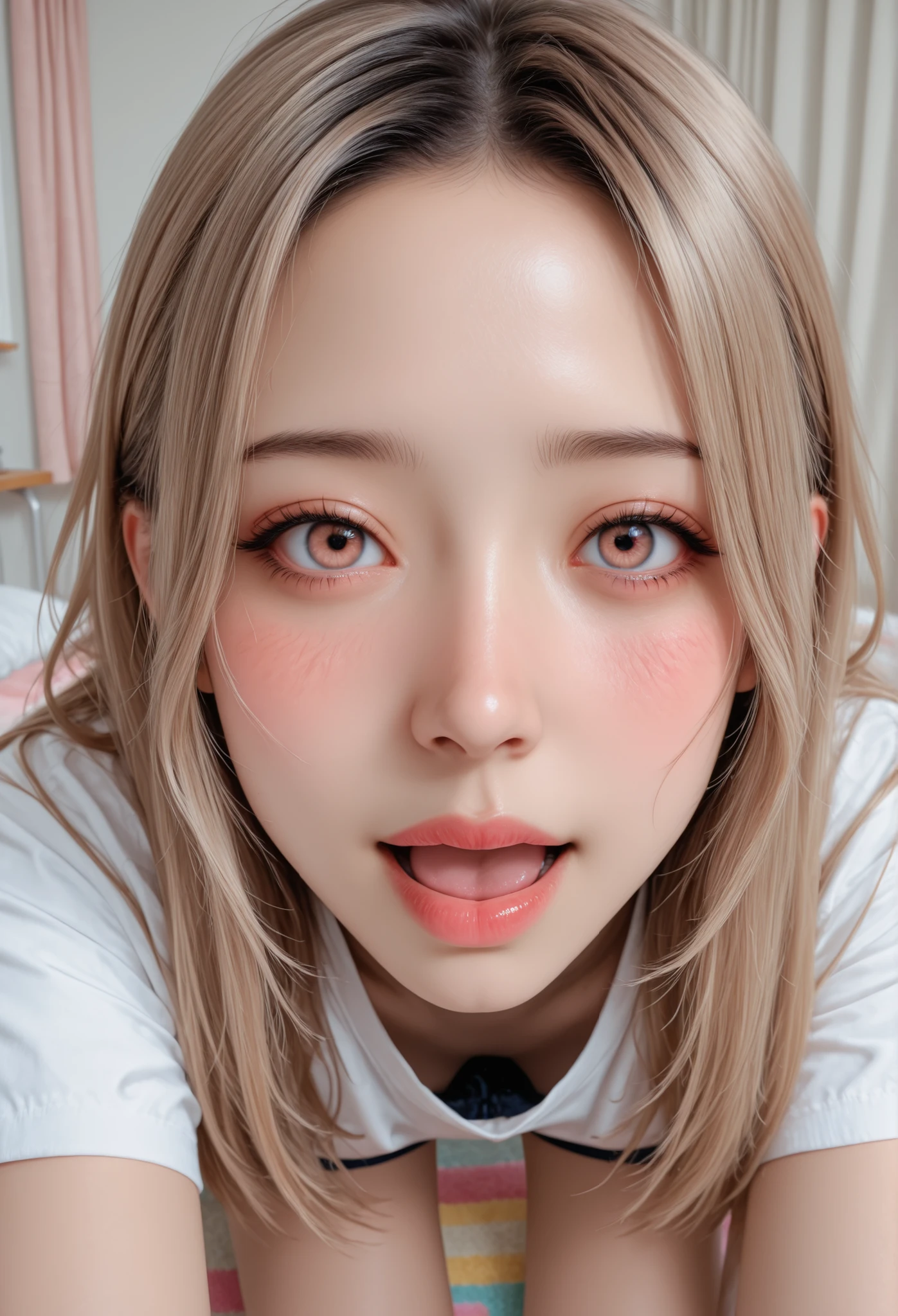 score_9, score_8_up, score_7_up, realistic, nsfw,
looking at viewer, face focus,
white Tshirts,short pants,
blush,feel so good,
indoor, japanese-girl's-room, curtains, white desk, pastel-color rug, [light brown flooring, bed, crazy face,open mouth, closed mouth by shit,