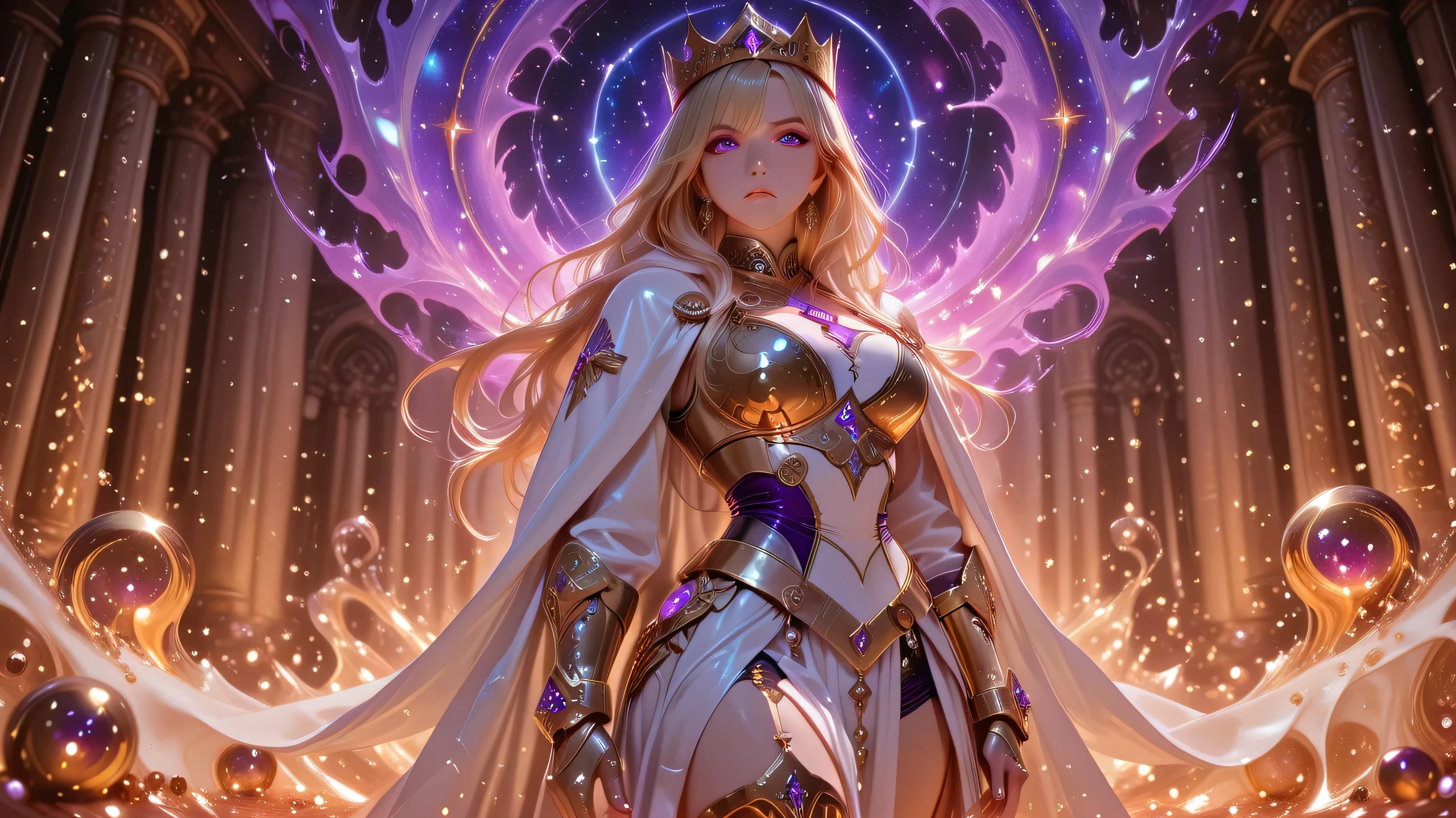 ((Detailing)), Perfect Eyes, Excellent Photography, (8K Ultra HD), (Masterpiece), (Extremely Detailed), (Best Illustration), Lighting, Detailed Glow, (Accurate Body Anatomy), (Detailed Hands). (Five Fingers on Each Hand, Detailed 8K HD), (Detailed Eyes, Detailed 8K HD), (Beautiful Nose, Detailed 8K HD).
Description: Mahou shoujo, Magical Girl, 1 Girl, Solo, Imperial Standing Poise, Cosmic Marble Theater.
Key Visual Elements for the Art:
• Palette: Imperial Gold, Marble White, Purple and Glitch Shadows
• Left Hand on Waist
• Black Five-Pointed Crown with Jewels. • Holding a purple sword in her right hand
General Traits
• Height: Tall, voluptuous and beautiful body, large breasts, beautiful face
• Age: 20 years old, youthful body
• Skin: White
• Hair: Very long, blonde, flowing like a waterfall of liquid light. • Large, beautiful eyes: purple irises.
Attire
• Dress: Full fabric bodysuit, light armor made of gold,
• Gold metal platform greaves.
• Gold breastplate.
• Gold bracelets
• Cloak: Long, flowing,
• Gold gauntlets
Accessories
• Gold earrings
Aura and Presence
• Imposing
• Stage presence: Expression of contained arrogance, serious and cold. Her beautiful, large eyes look directly at the viewer.