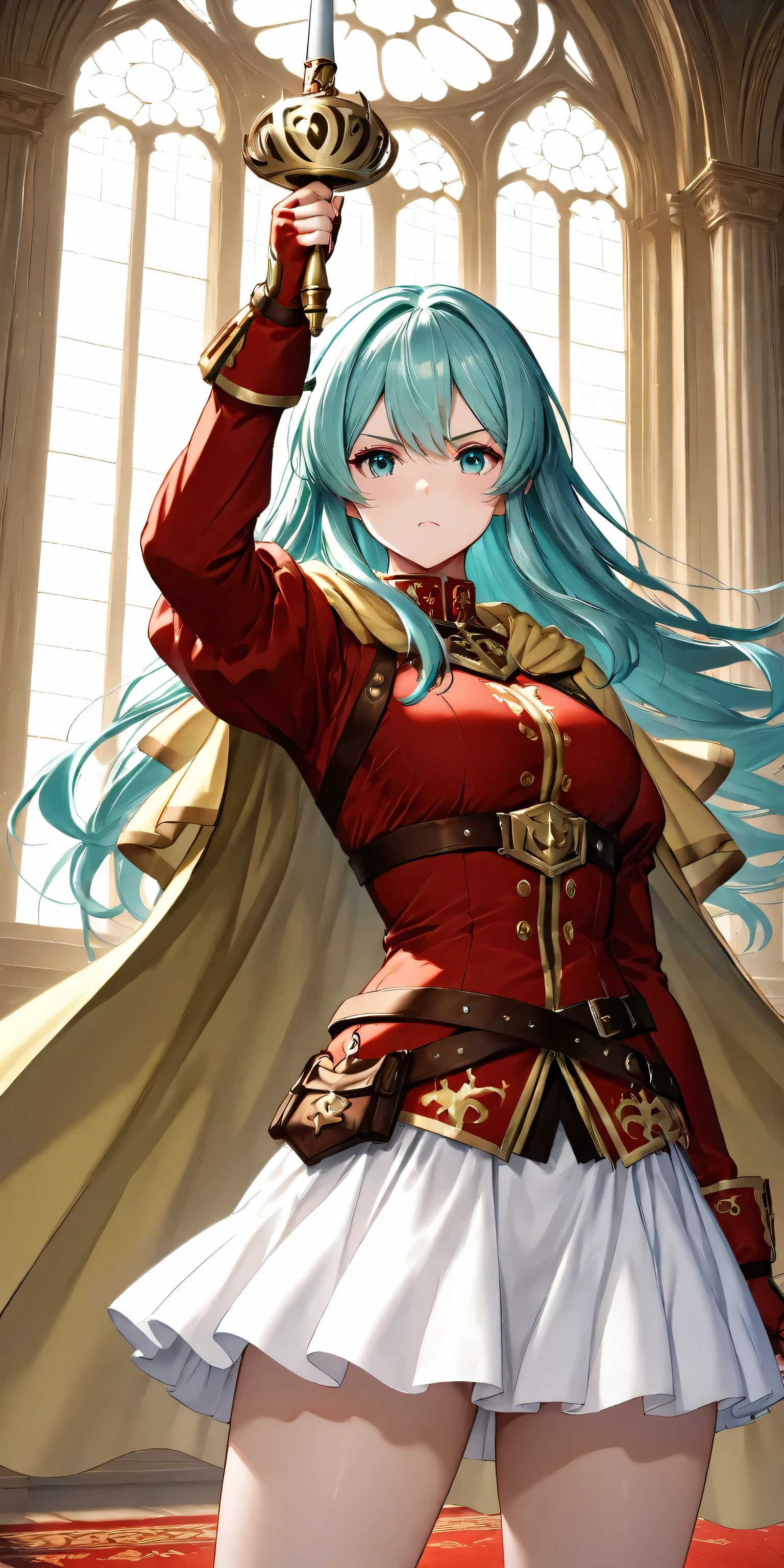masterpiece, top quality, 1girl, solo, postpone, Aqua Hair, long hair, Hair, red shirt, gold trim on both hands, gold trim on both handsアーマー, yellow cape , holding a rapier,Battle Pose,Red gloves, fingerless gloves, Brown Strap, white skirt, watching viewers, Determined Face, Royal City, red carpet, Cowboy Shots