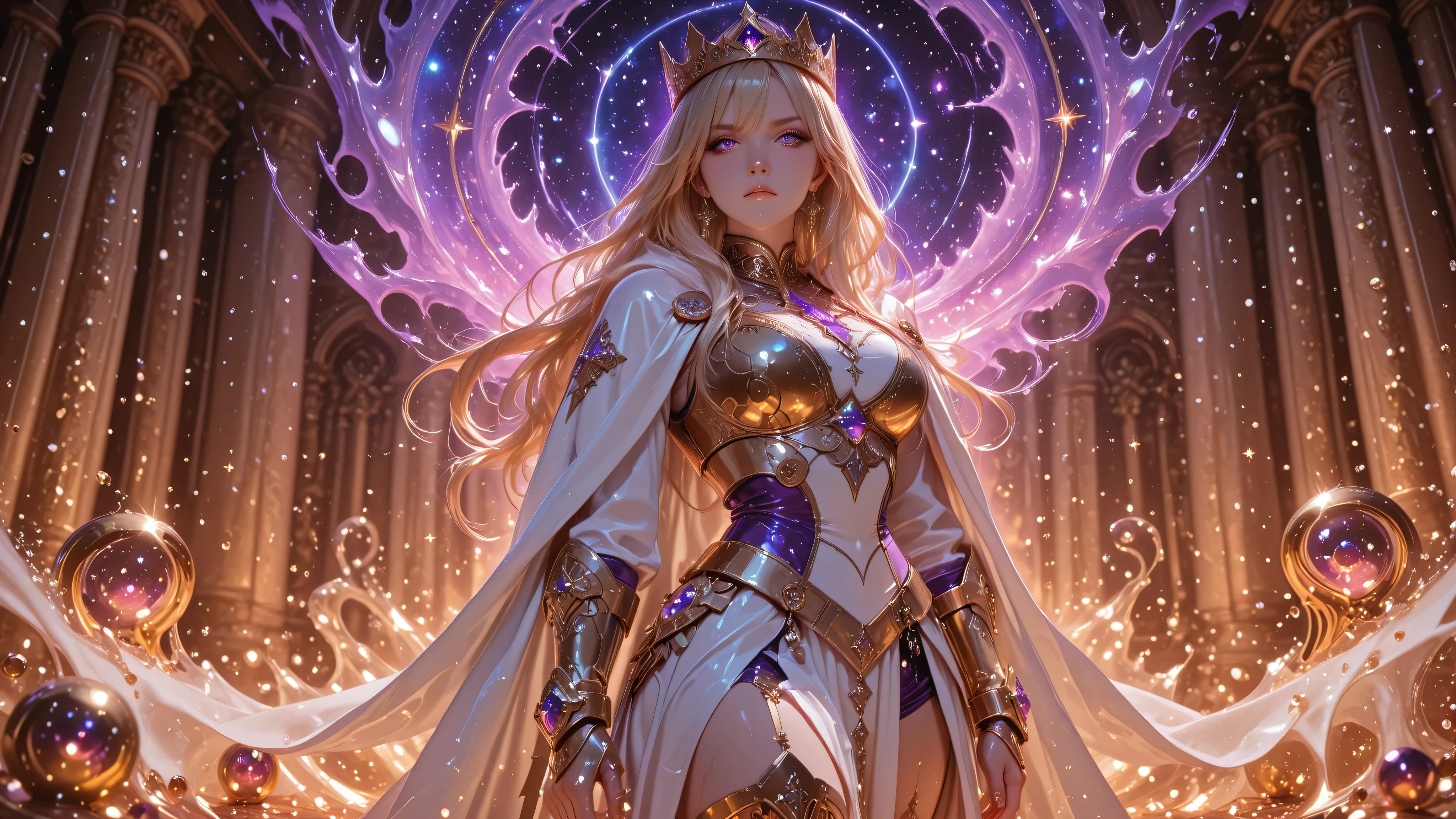 ((Detailing)), Perfect Eyes, Excellent Photography, (8K Ultra HD), (Masterpiece), (Extremely Detailed), (Best Illustration), Lighting, Detailed Glow, (Accurate Body Anatomy), (Detailed Hands). (Five Fingers on Each Hand, Detailed 8K HD), (Detailed Eyes, Detailed 8K HD), (Beautiful Nose, Detailed 8K HD).
Description: Mahou shoujo, Magical Girl, 1 Girl, Solo, Imperial Standing Poise, Cosmic Marble Theater.
Key Visual Elements for the Art:
• Palette: Imperial Gold, Marble White, Purple and Glitch Shadows
• Left Hand on Waist
• Black Five-Pointed Crown with Jewels. • Holding a purple sword in her right hand
General Traits
• Height: Tall, voluptuous and beautiful body, large breasts, beautiful face
• Age: 20 years old, youthful body
• Skin: White
• Hair: Very long, blonde, flowing like a waterfall of liquid light. • Large, beautiful eyes: purple irises.
Attire
• Dress: Full fabric bodysuit, light armor made of gold,
• Gold metal platform greaves.
• Gold breastplate.
• Gold bracelets
• Cloak: Long, flowing,
• Gold gauntlets
Accessories
• Gold earrings
Aura and Presence
• Imposing
• Stage presence: Expression of contained arrogance, serious and cold. Her beautiful, large eyes look directly at the viewer.